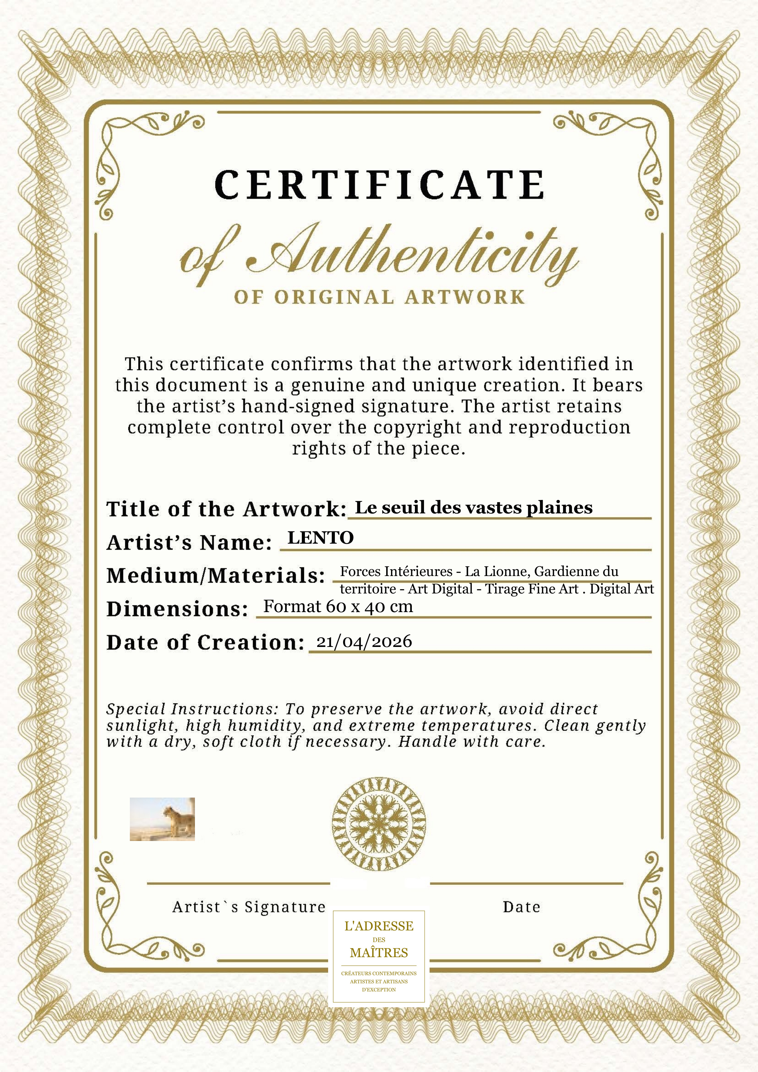 Certificat d'authenticité — Le seuil des vastes plaines — LENTO