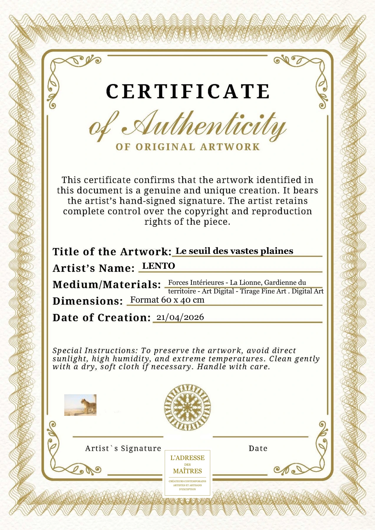 Certificat d'authenticité — Le seuil des vastes plaines — LENTO