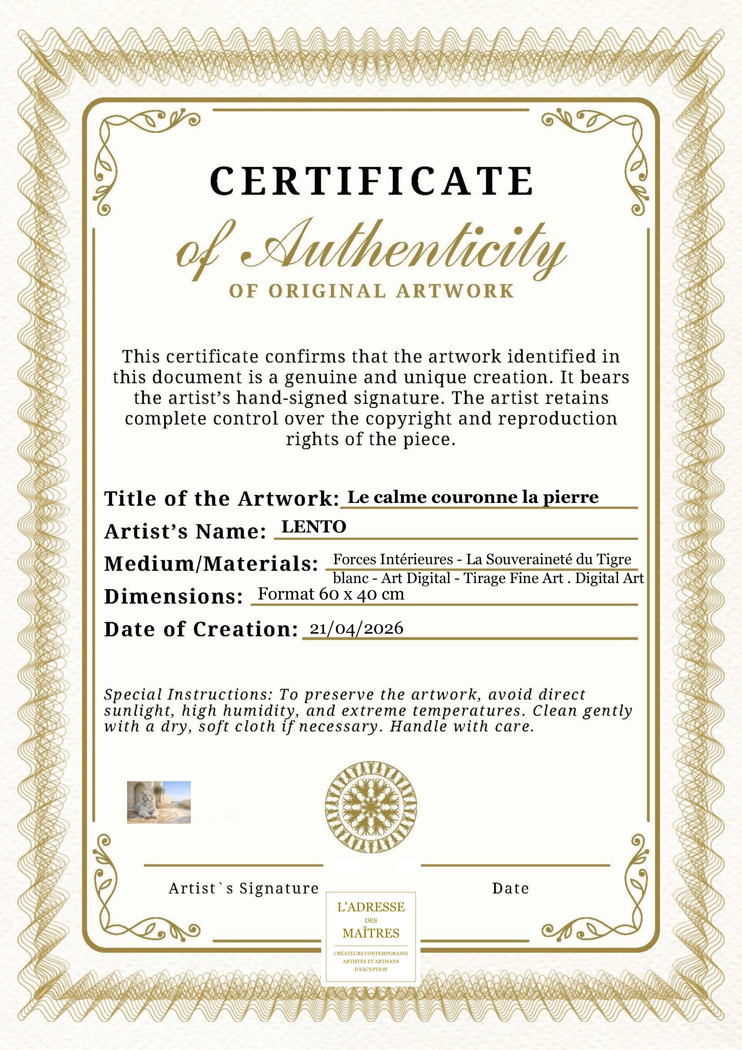 Certificat d'authenticité — Le calme couronne la pierre — LENTO