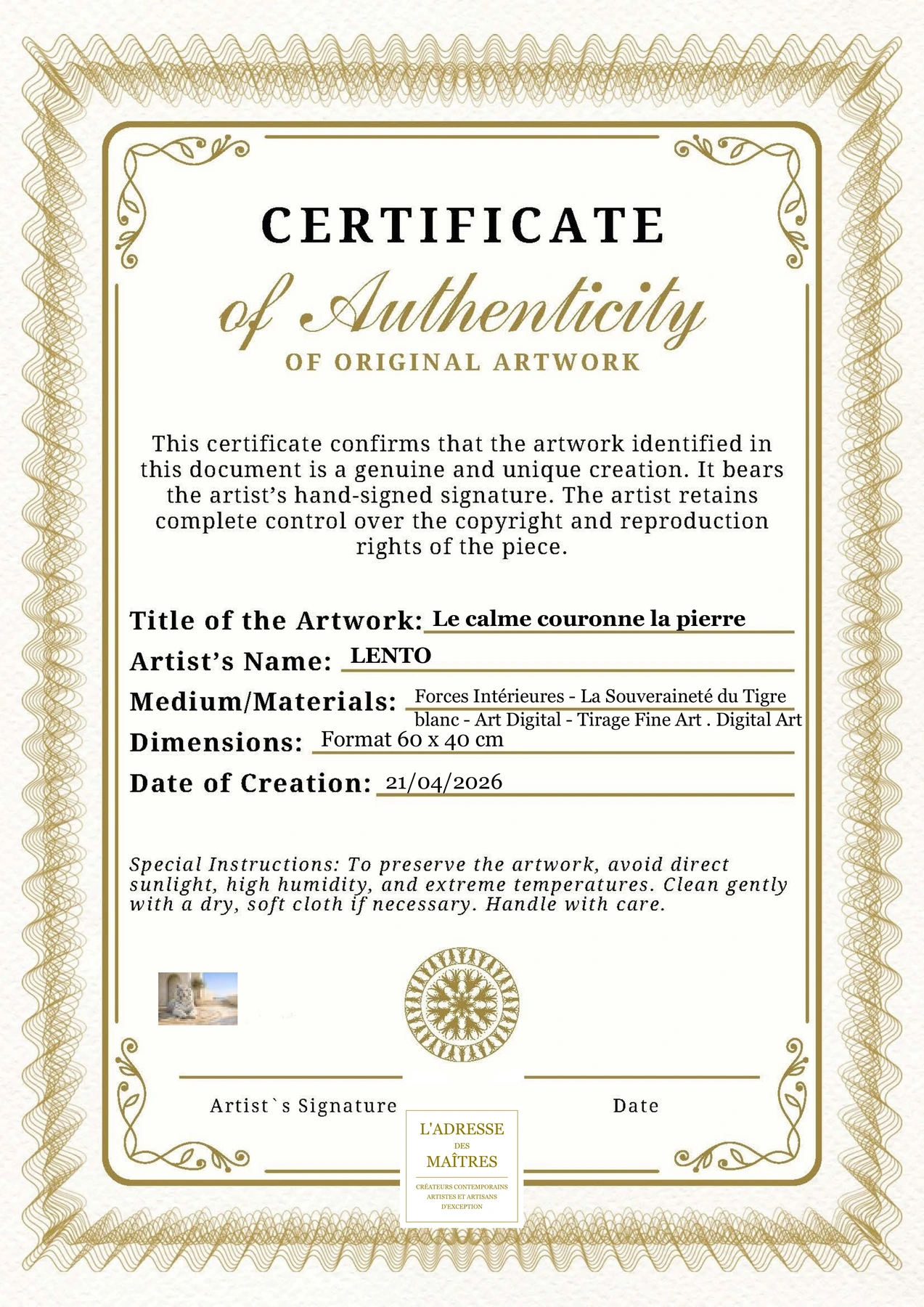 Certificat d'authenticité — Le calme couronne la pierre — LENTO
