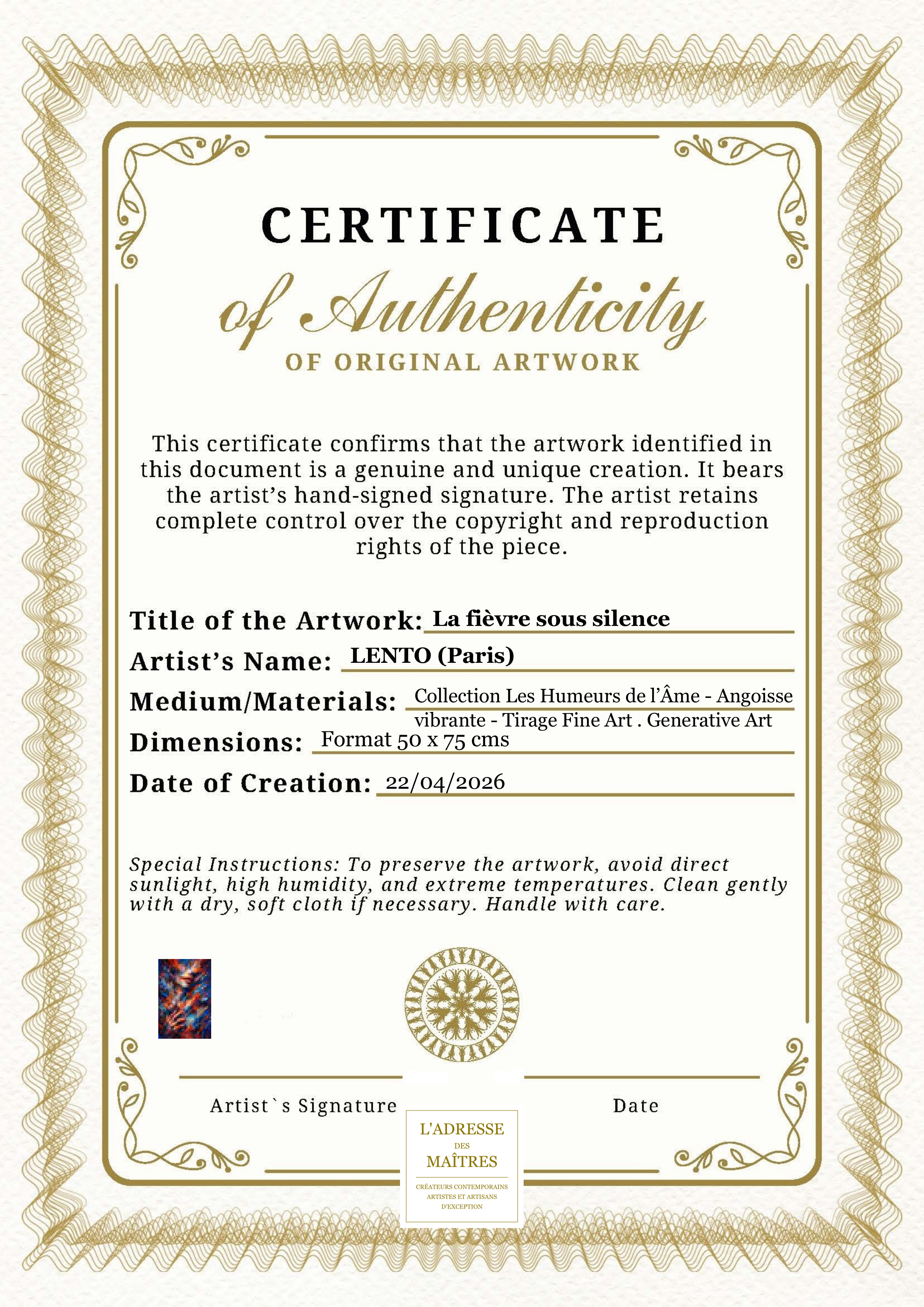 Certificat d'authenticité — La fièvre sous silence — LENTO (Paris)