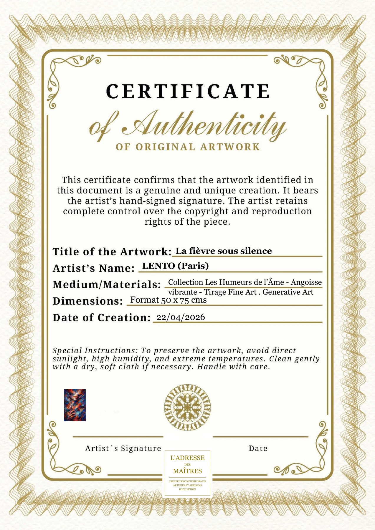 Certificat d'authenticité — La fièvre sous silence — LENTO (Paris)