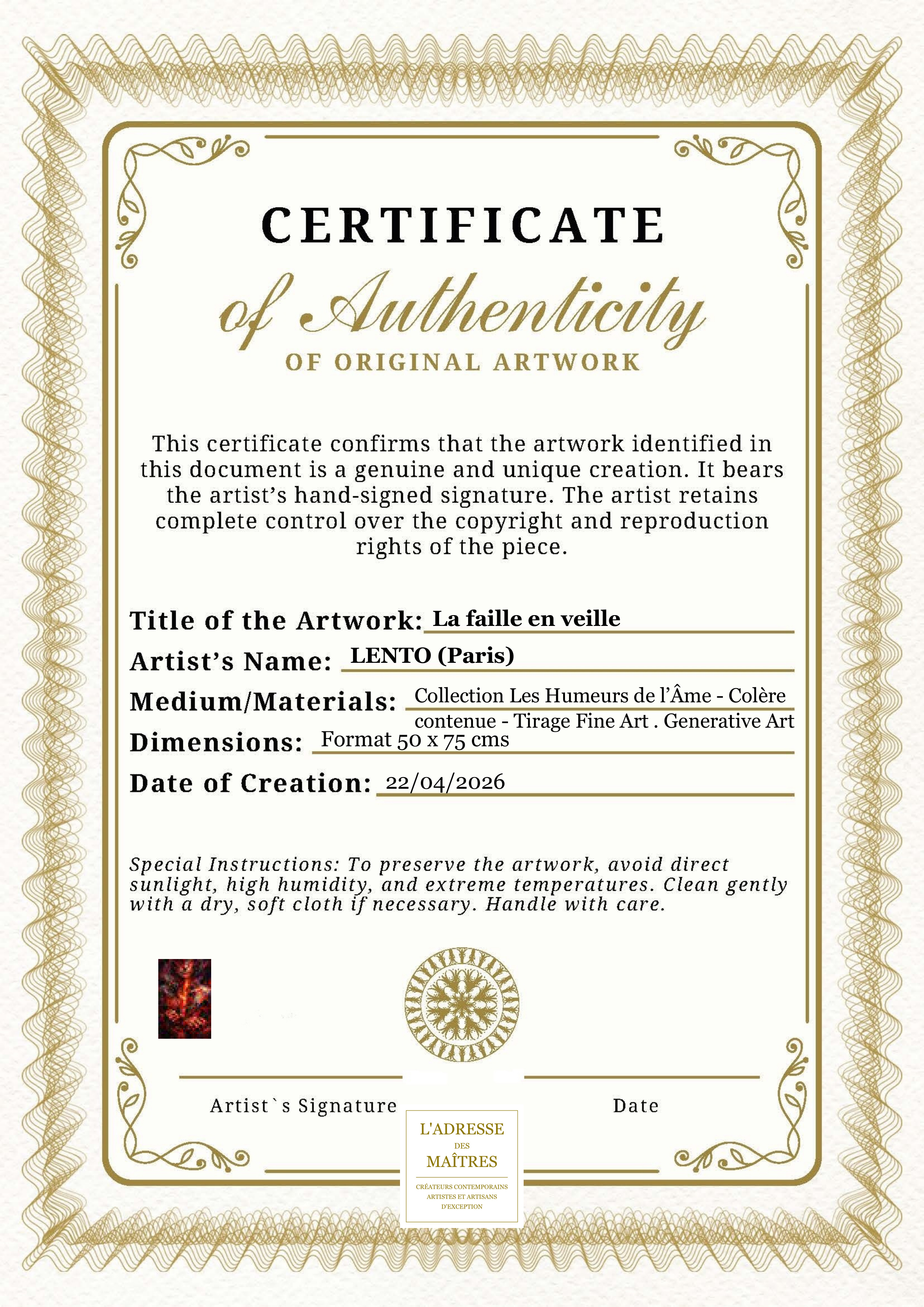 Certificat d'authenticité — La faille en veille — LENTO (Paris)