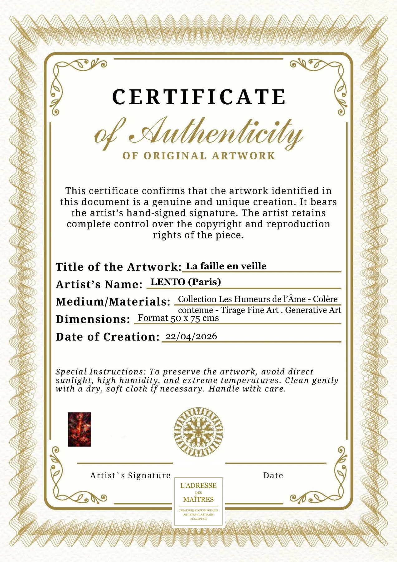 Certificat d'authenticité — La faille en veille — LENTO (Paris)