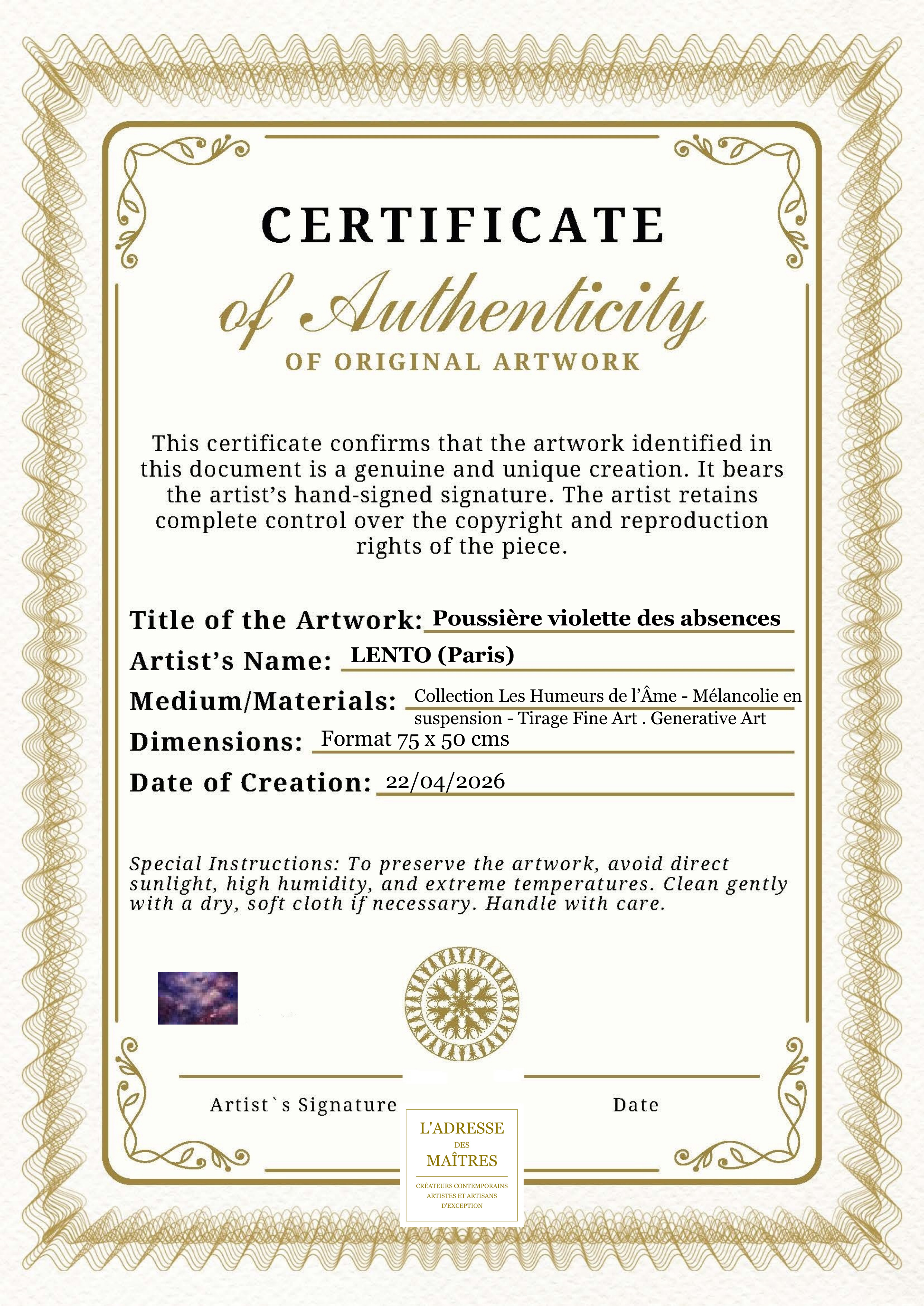 Certificat d'authenticité — Poussière violette des absences — LENTO (Paris)