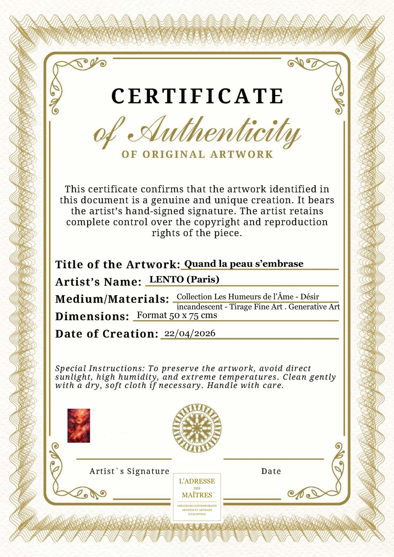 Certificat d'authenticité — Quand la peau s’embrase — LENTO (Paris)