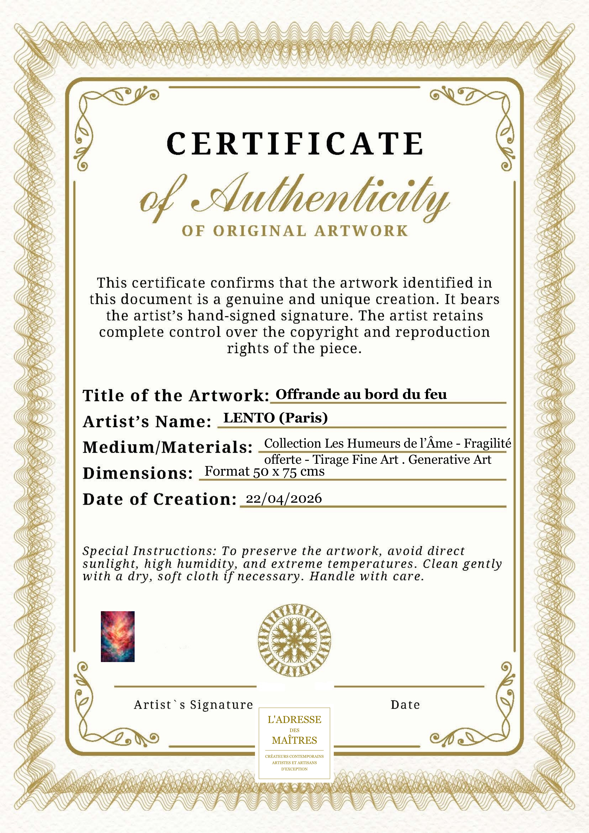 Certificat d'authenticité — Offrande au bord du feu — LENTO (Paris)