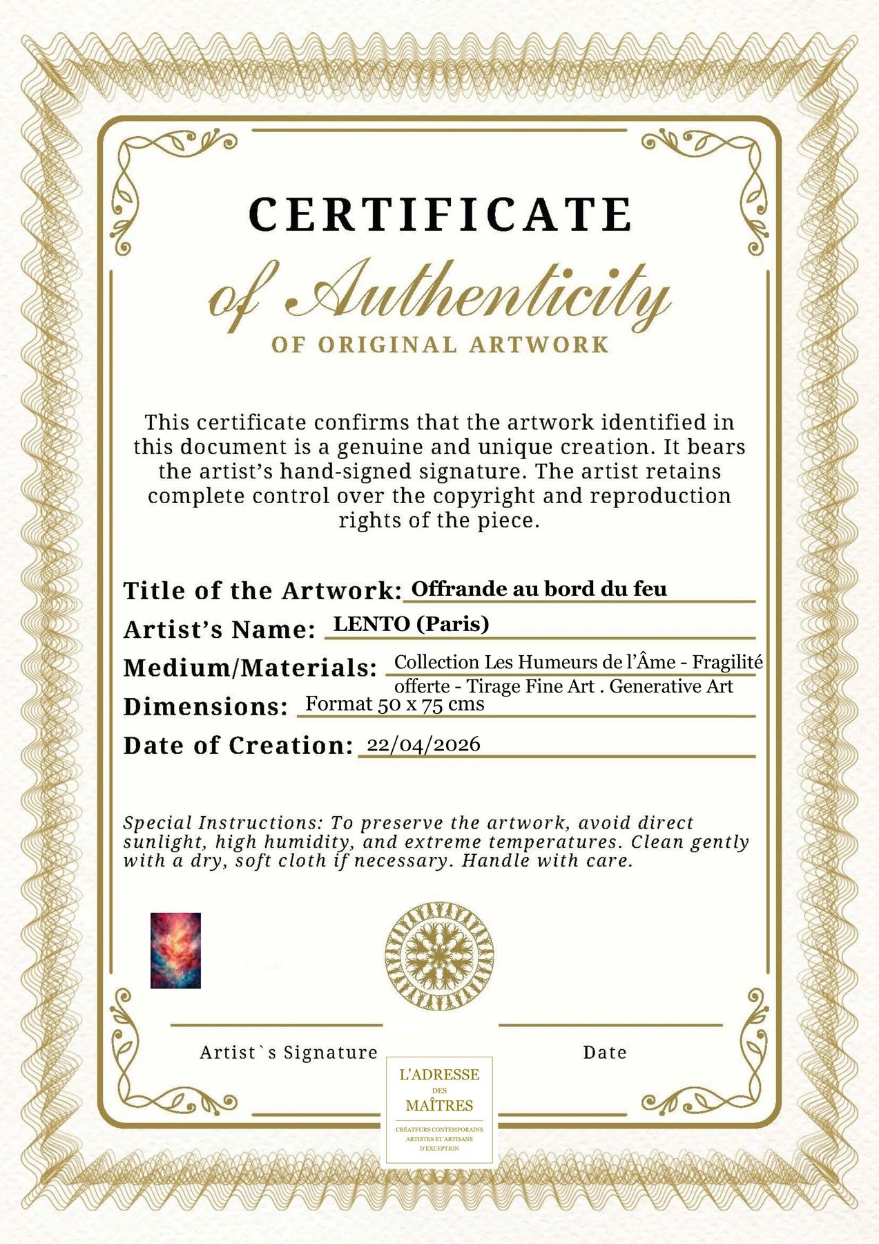 Certificat d'authenticité — Offrande au bord du feu — LENTO (Paris)