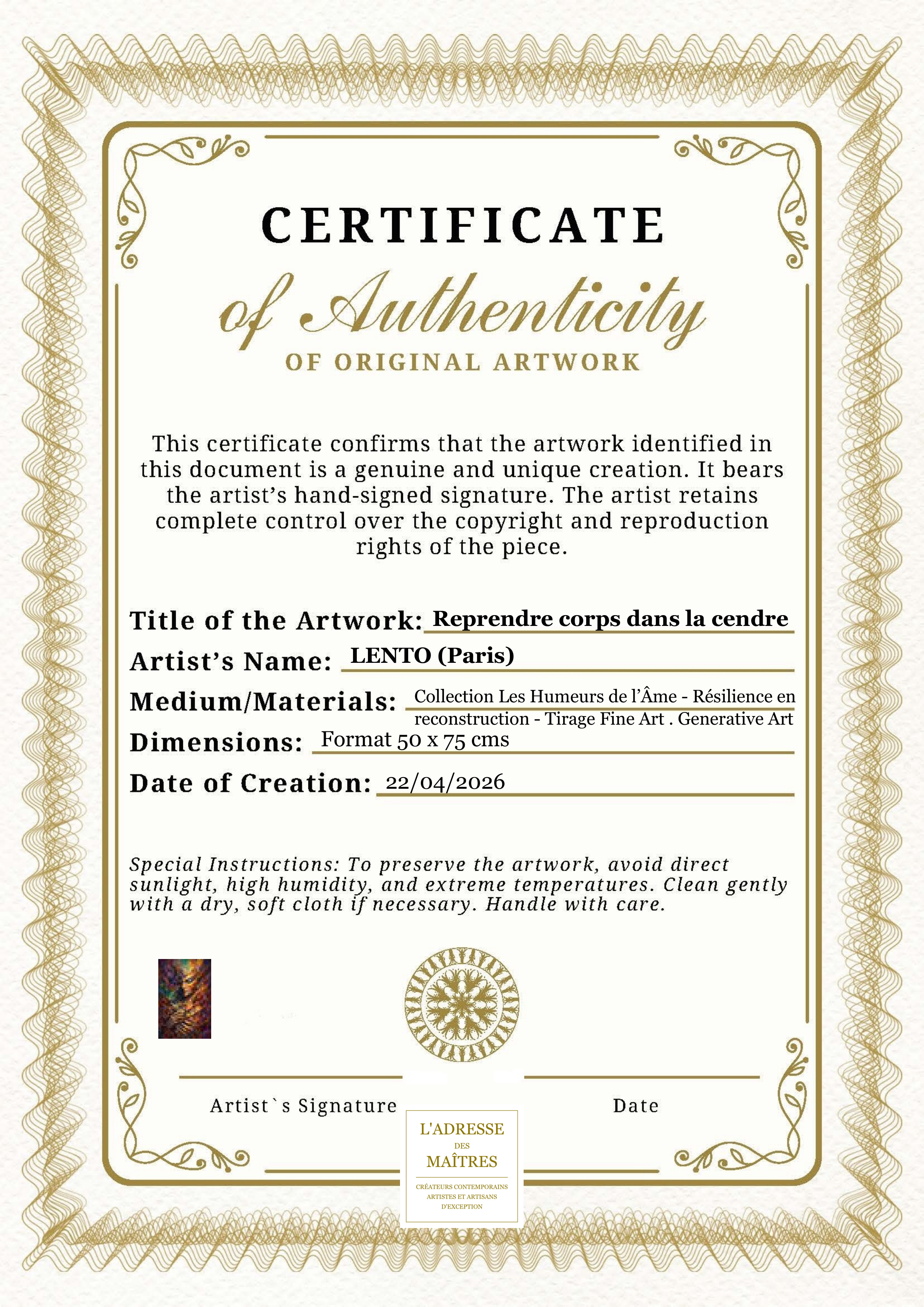 Certificat d'authenticité — Reprendre corps dans la cendre — LENTO (Paris)