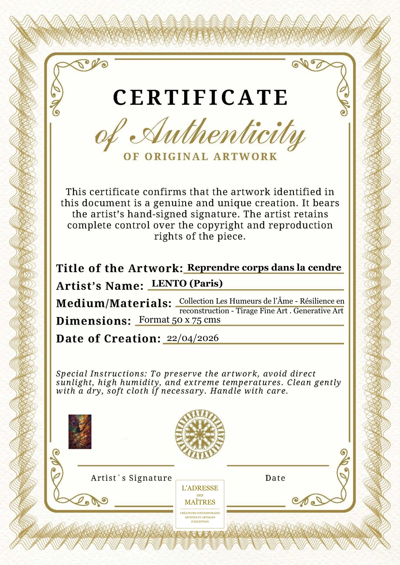 Certificat d'authenticité — Reprendre corps dans la cendre — LENTO (Paris)