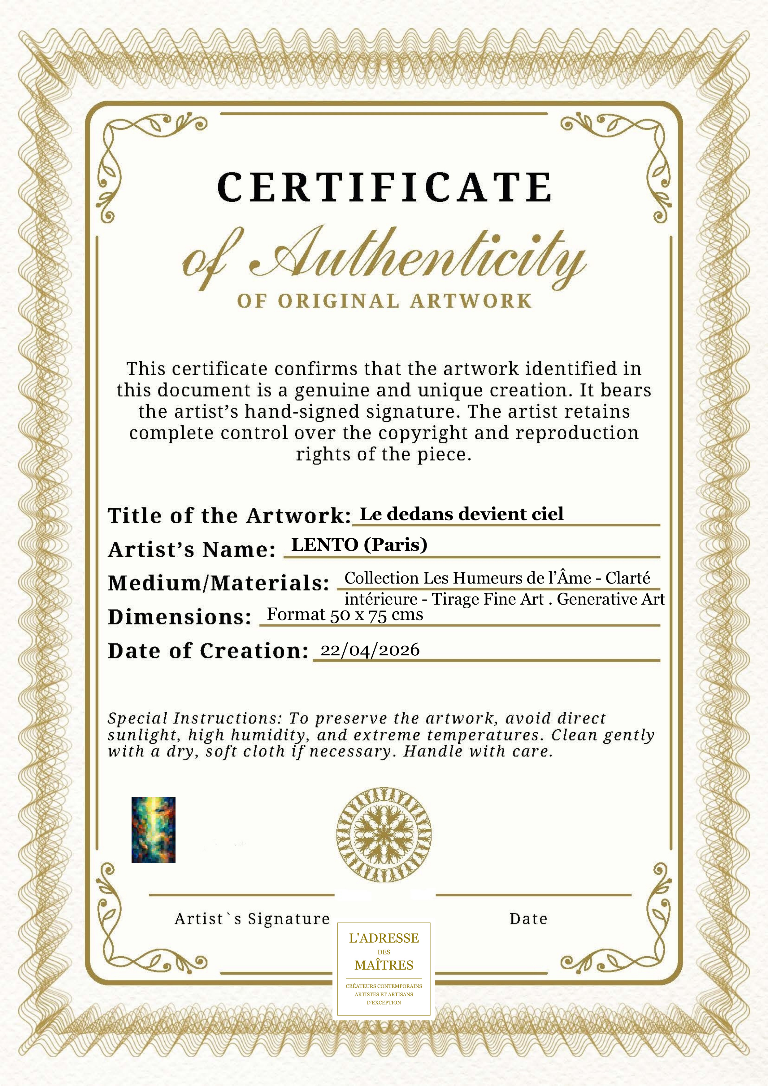 Certificat d'authenticité — Le dedans devient ciel — LENTO (Paris)