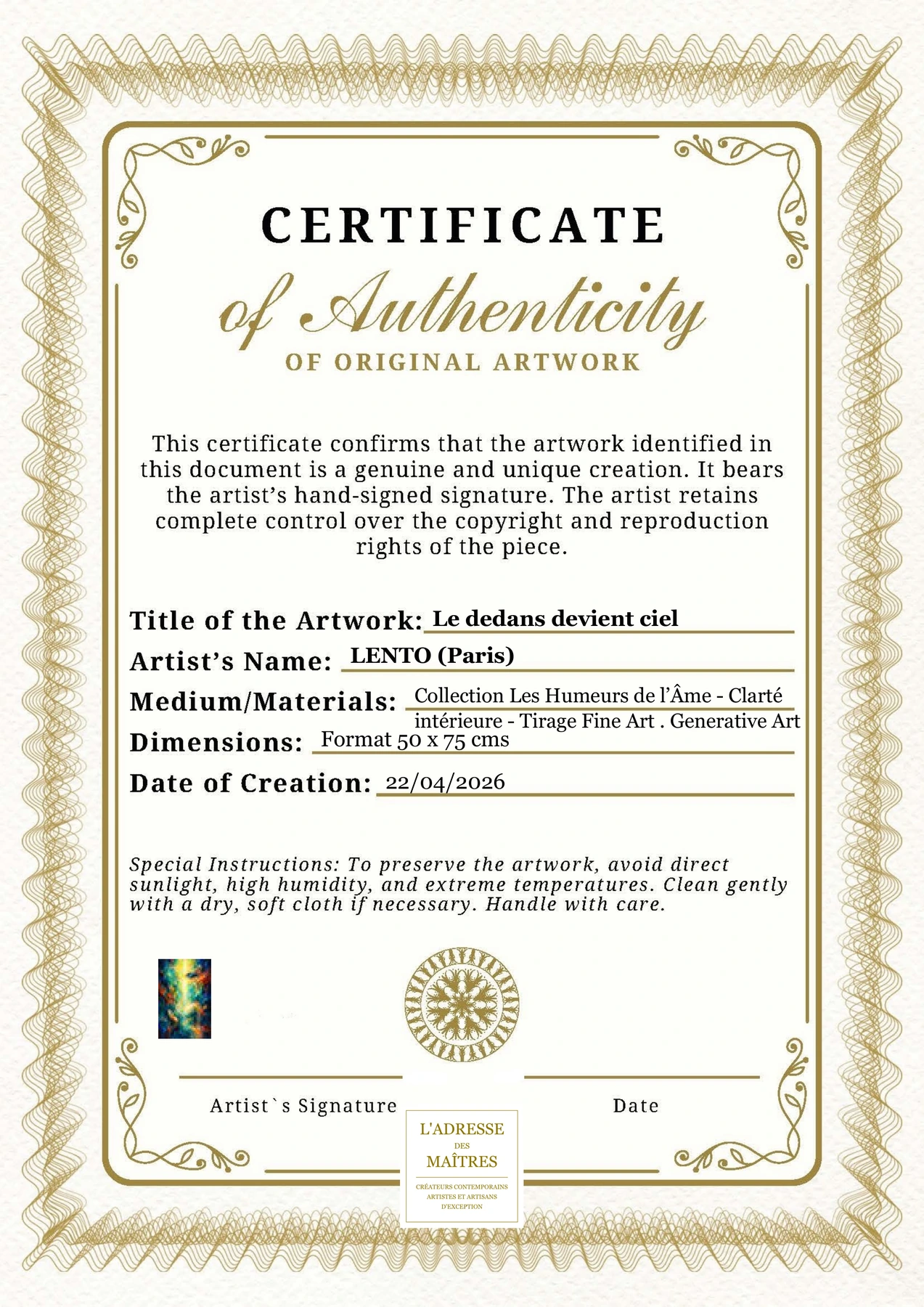Certificat d'authenticité — Le dedans devient ciel — LENTO (Paris)