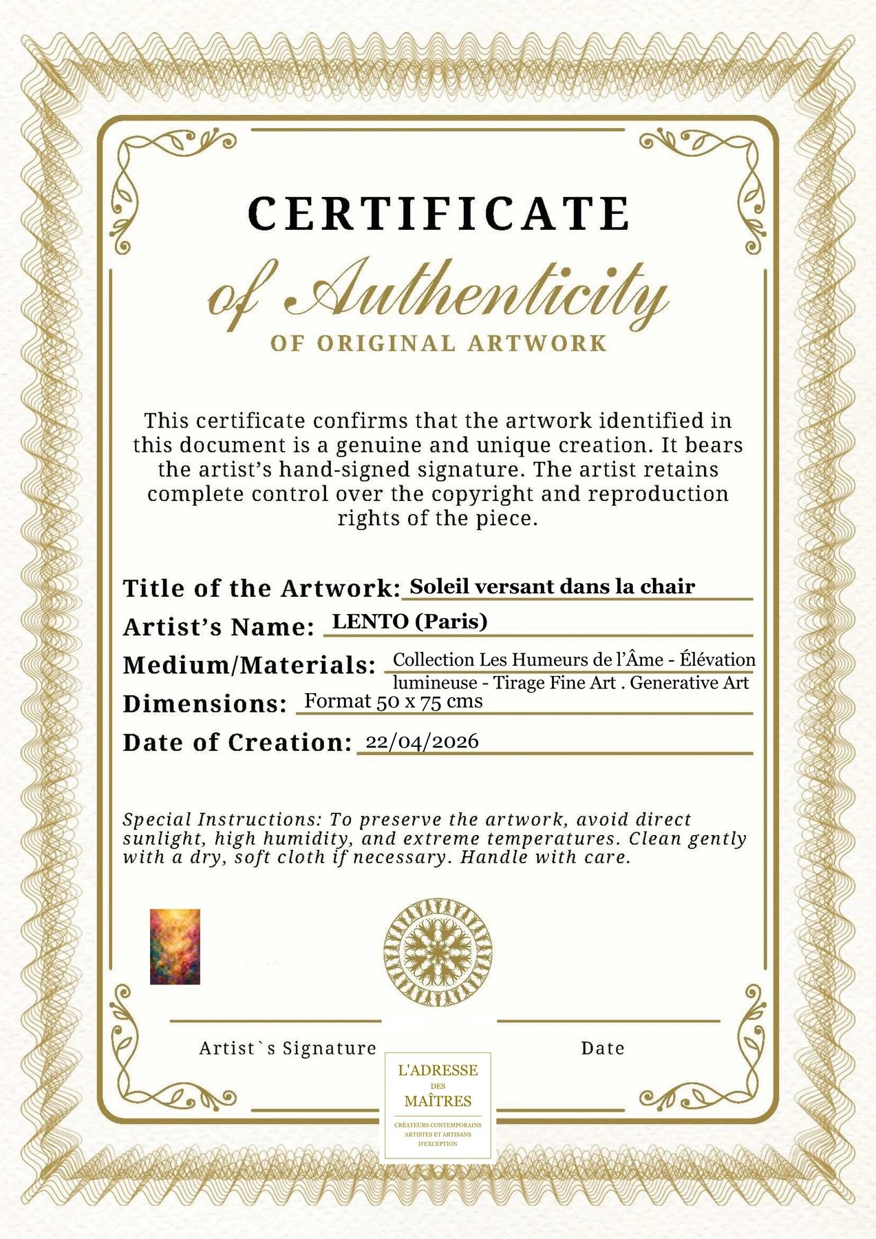 Certificat d'authenticité — Soleil versant dans la chair — LENTO (Paris)