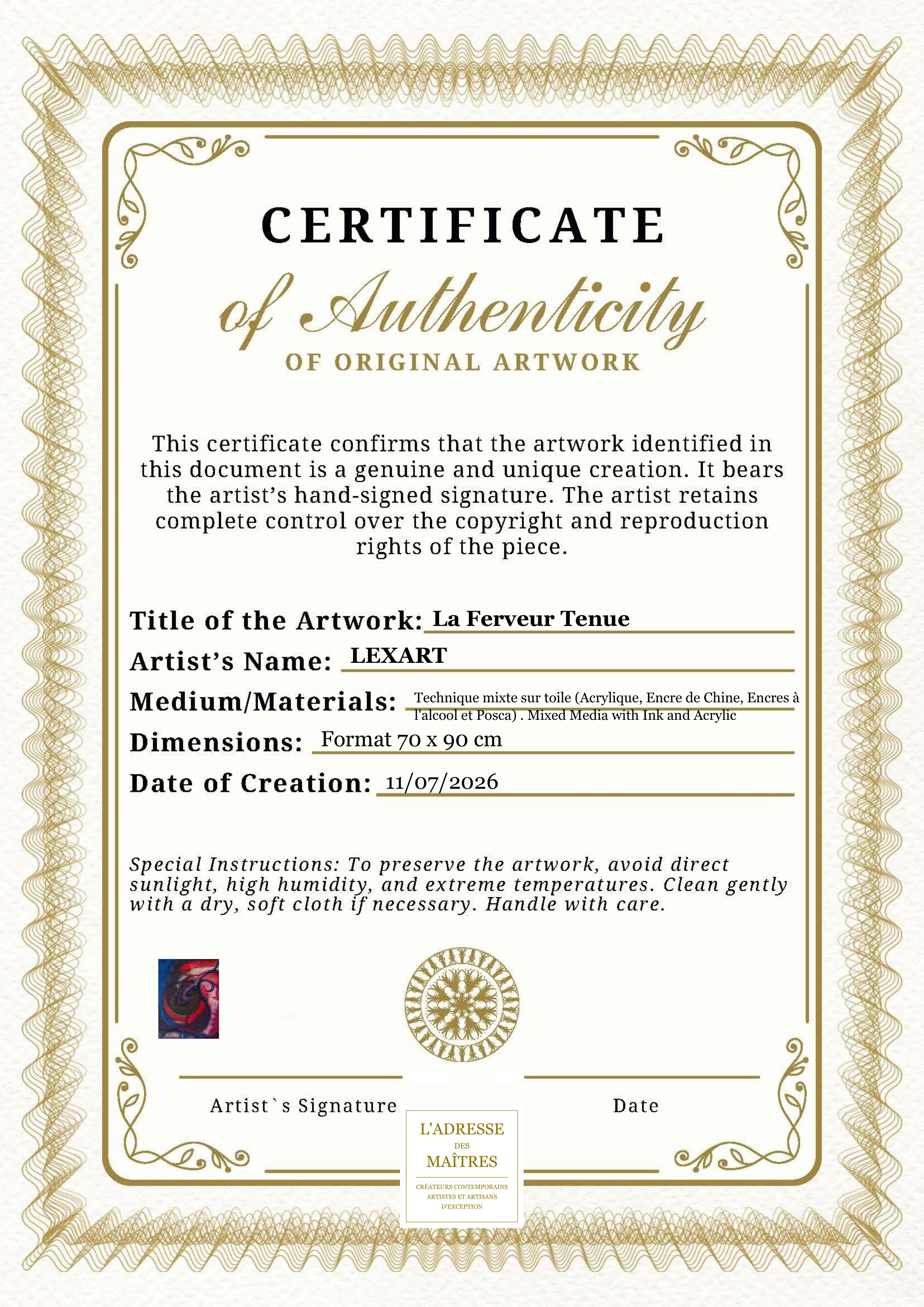 Certificat d'authenticité — La Ferveur Tenue — LEXART