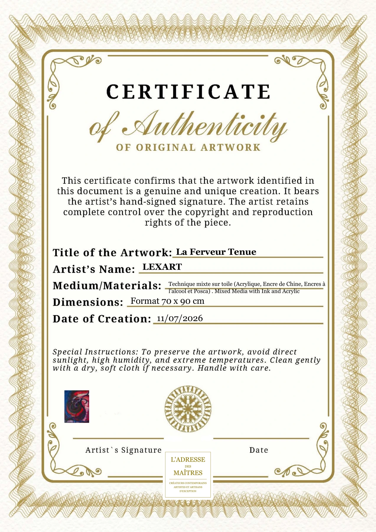 Certificat d'authenticité - La Ferveur Tenue - LEXART