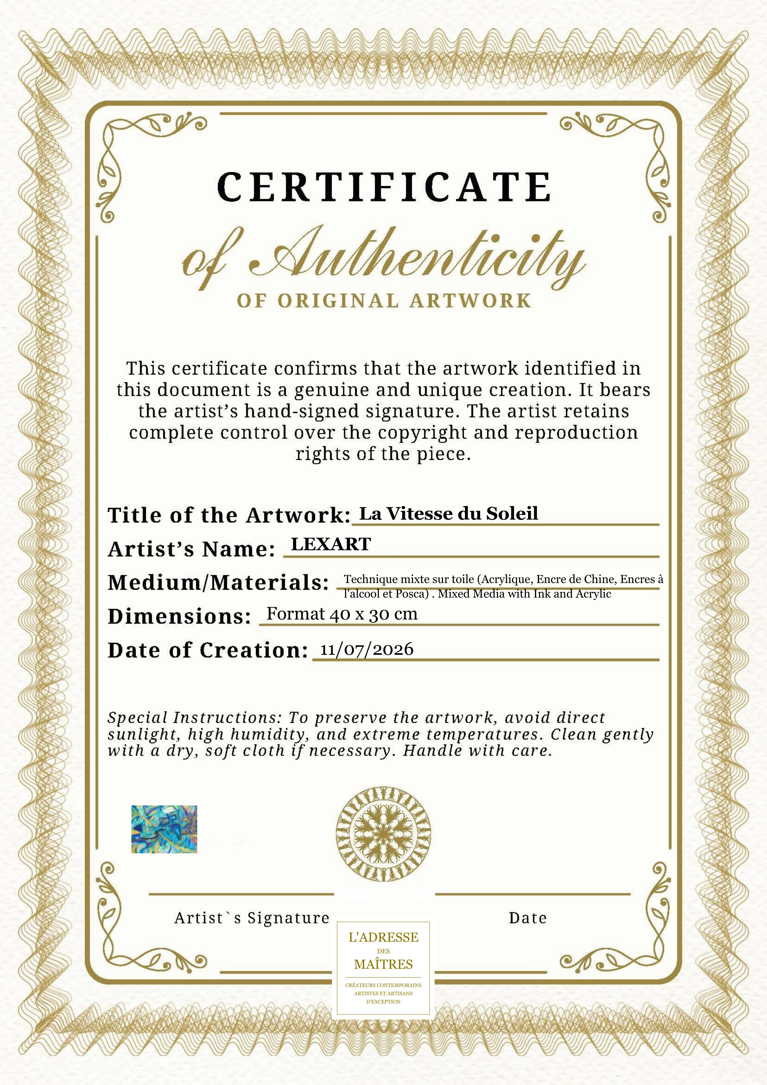 Certificat d'authenticité — La Vitesse du Soleil — LEXART