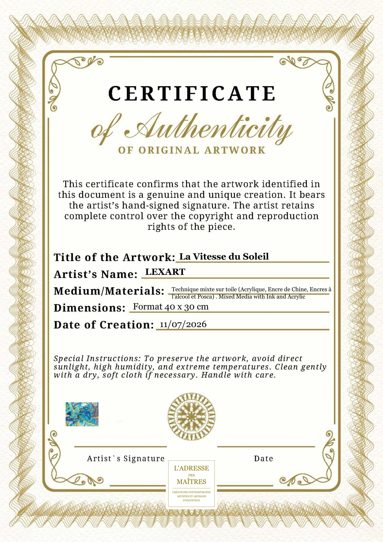 Certificat d'authenticité - La Vitesse du Soleil - LEXART