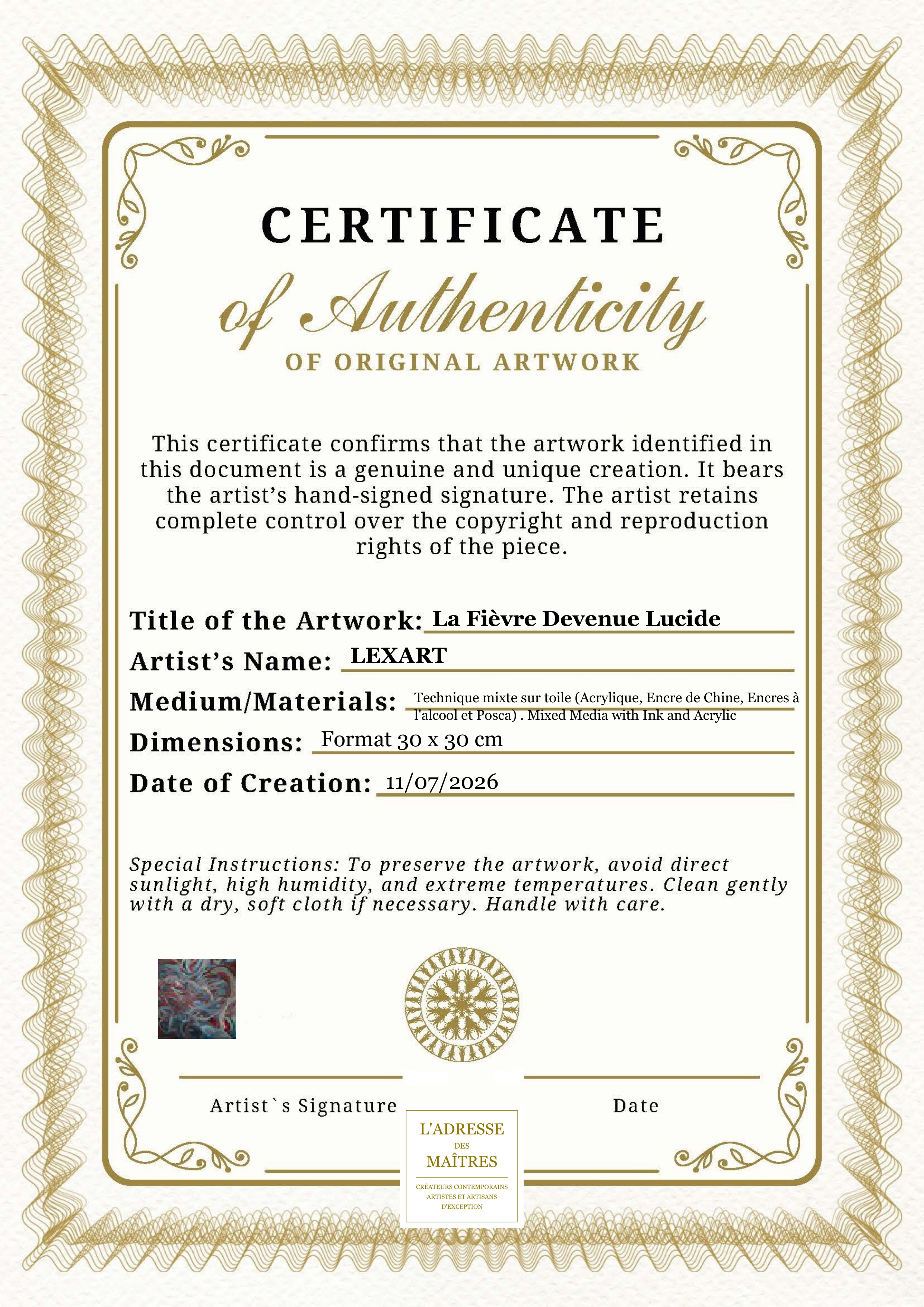 Certificat d'authenticité — La Fièvre Devenue Lucide — LEXART
