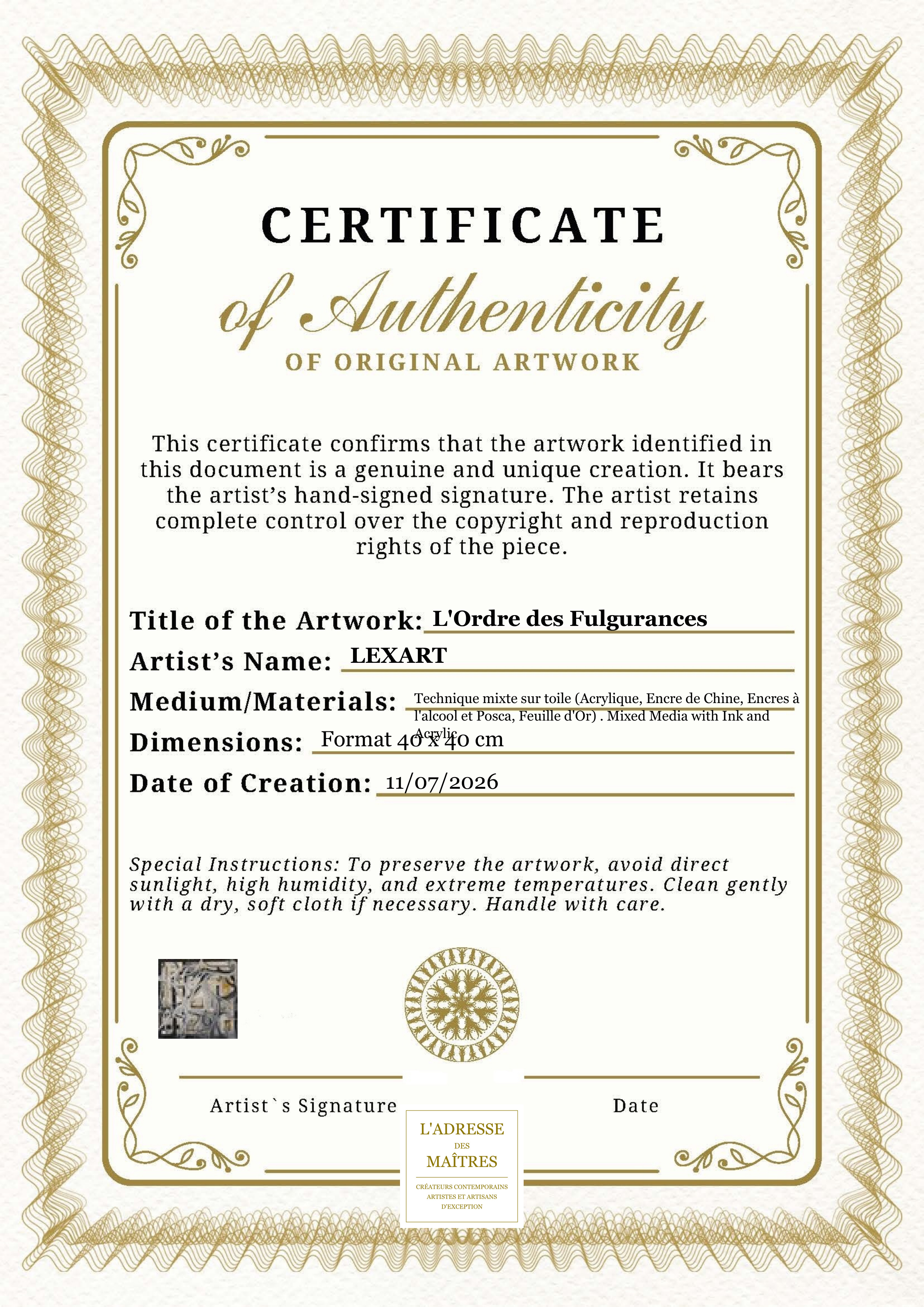 Certificat d'authenticité — L'Ordre des Fulgurances — LEXART