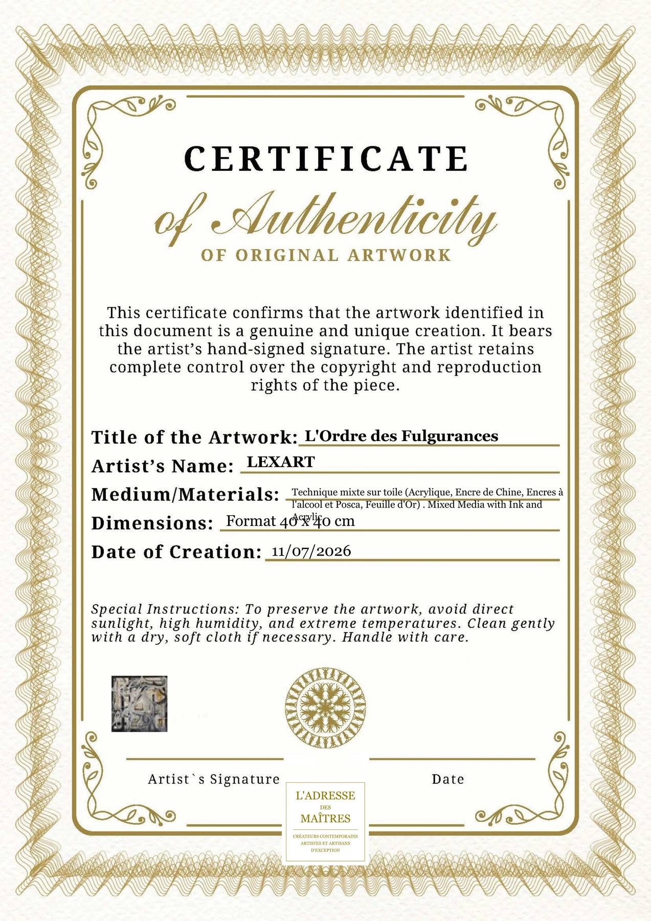 Certificat d'authenticité - L'Ordre des Fulgurances - LEXART