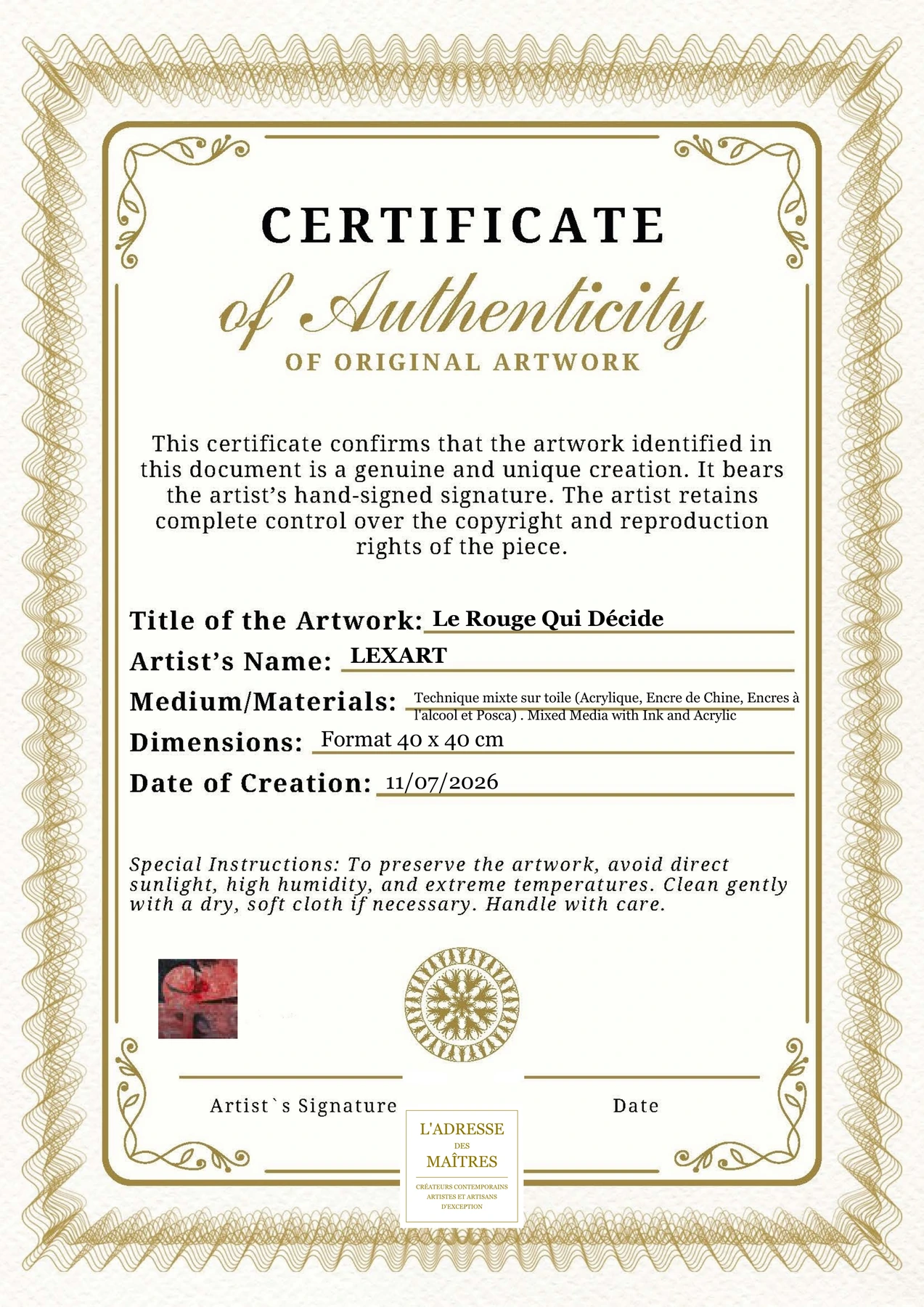 Certificat d'authenticité - Le Rouge Qui Décide - LEXART