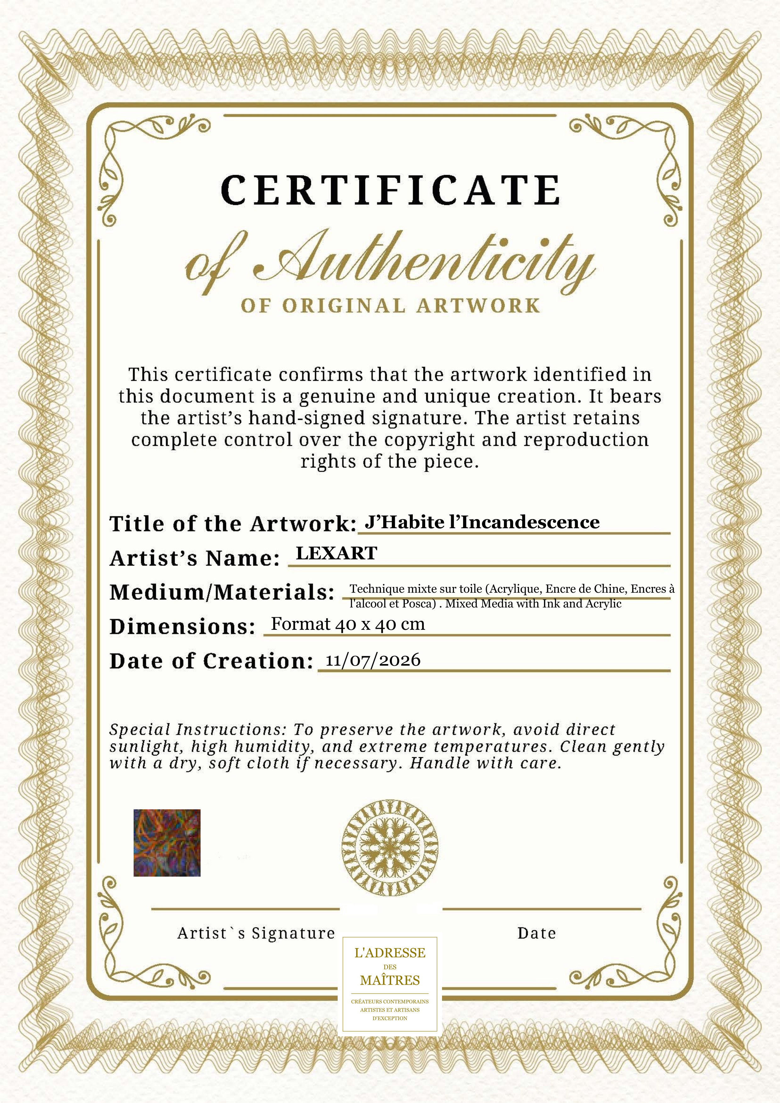 Certificat d'authenticité — J’Habite l’Incandescence — LEXART