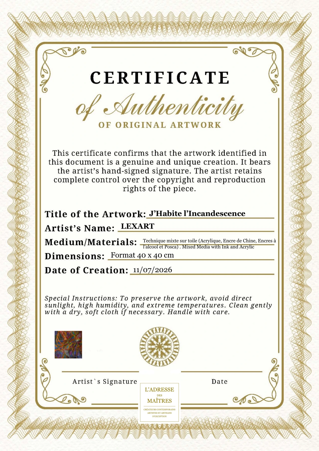 Certificat d'authenticité - J’Habite l’Incandescence - LEXART