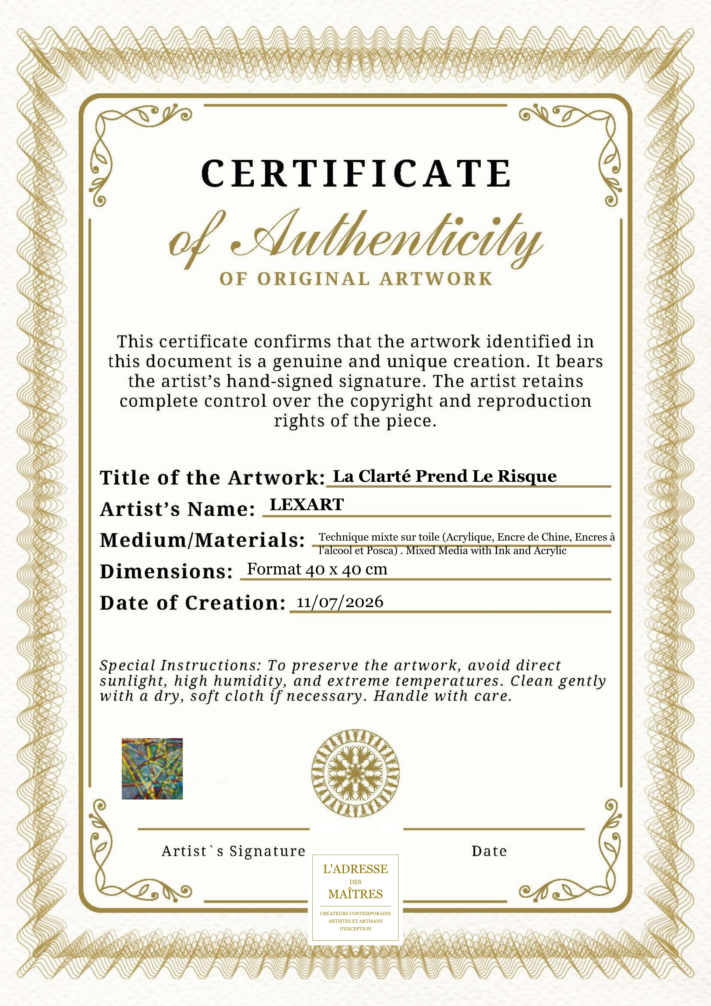 Certificat d'authenticité — La Clarté Prend Le Risque — LEXART