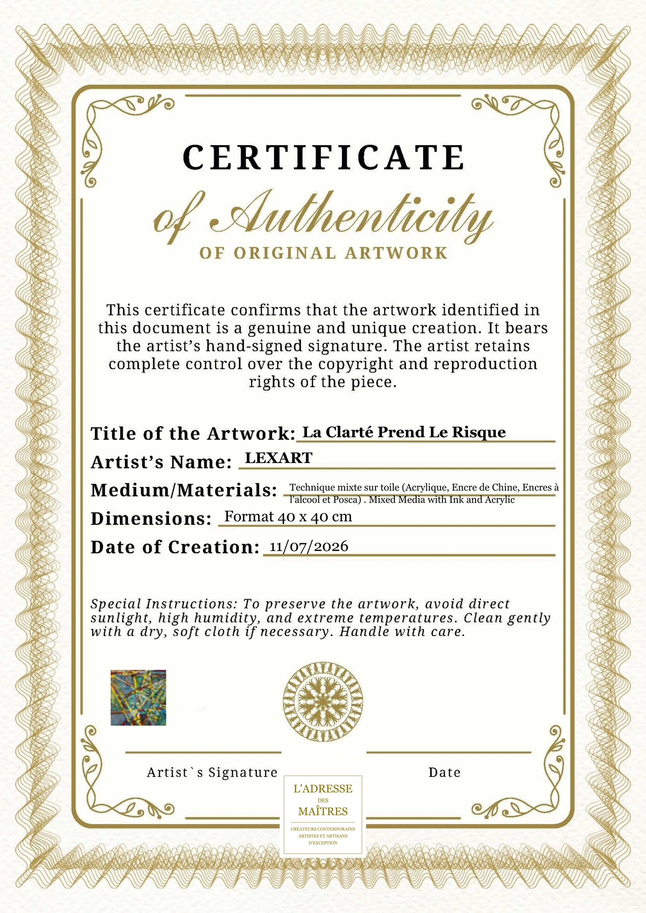 Certificat d'authenticité - La Clarté Prend Le Risque - LEXART