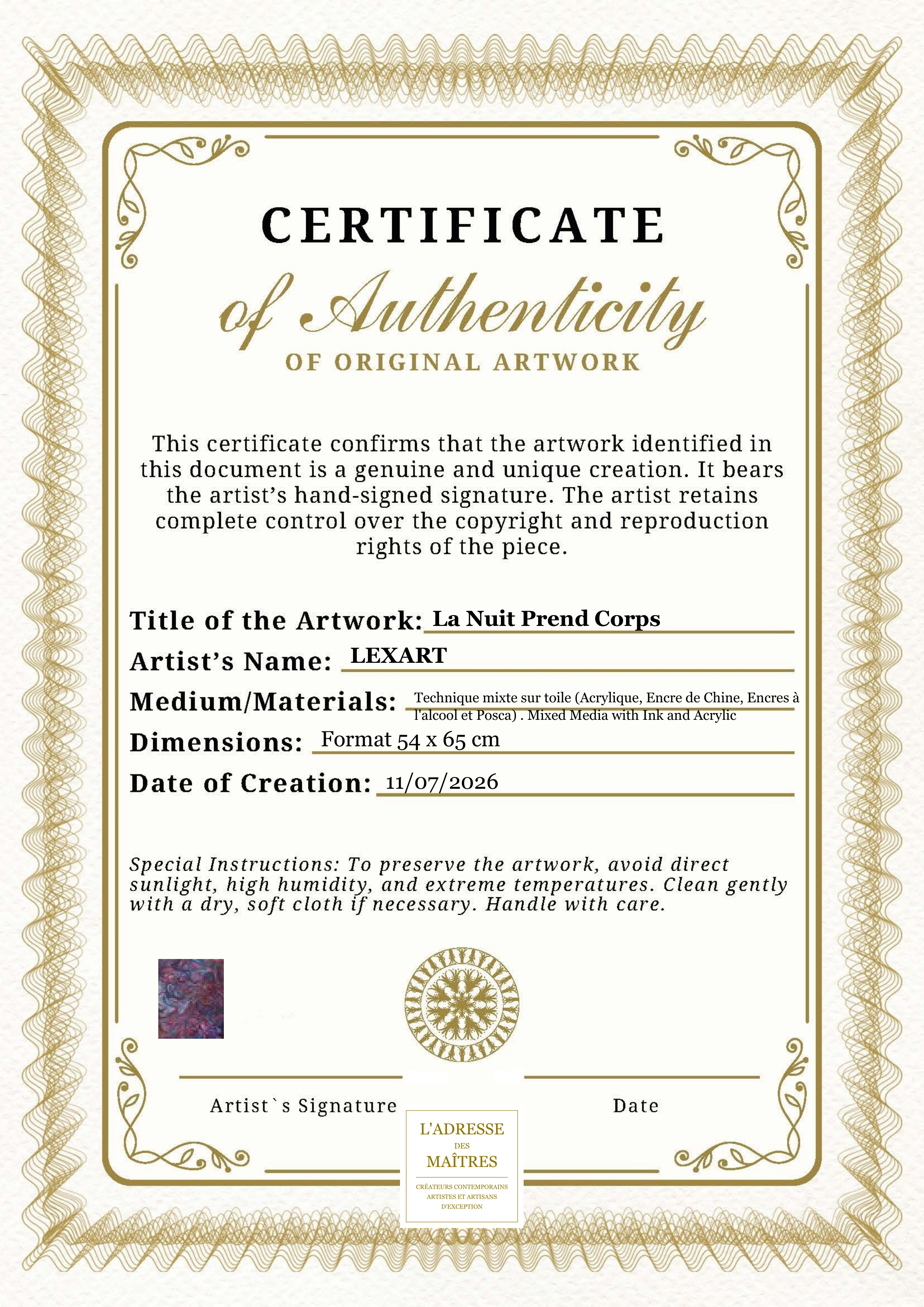 Certificat d'authenticité — La Nuit Prend Corps — LEXART