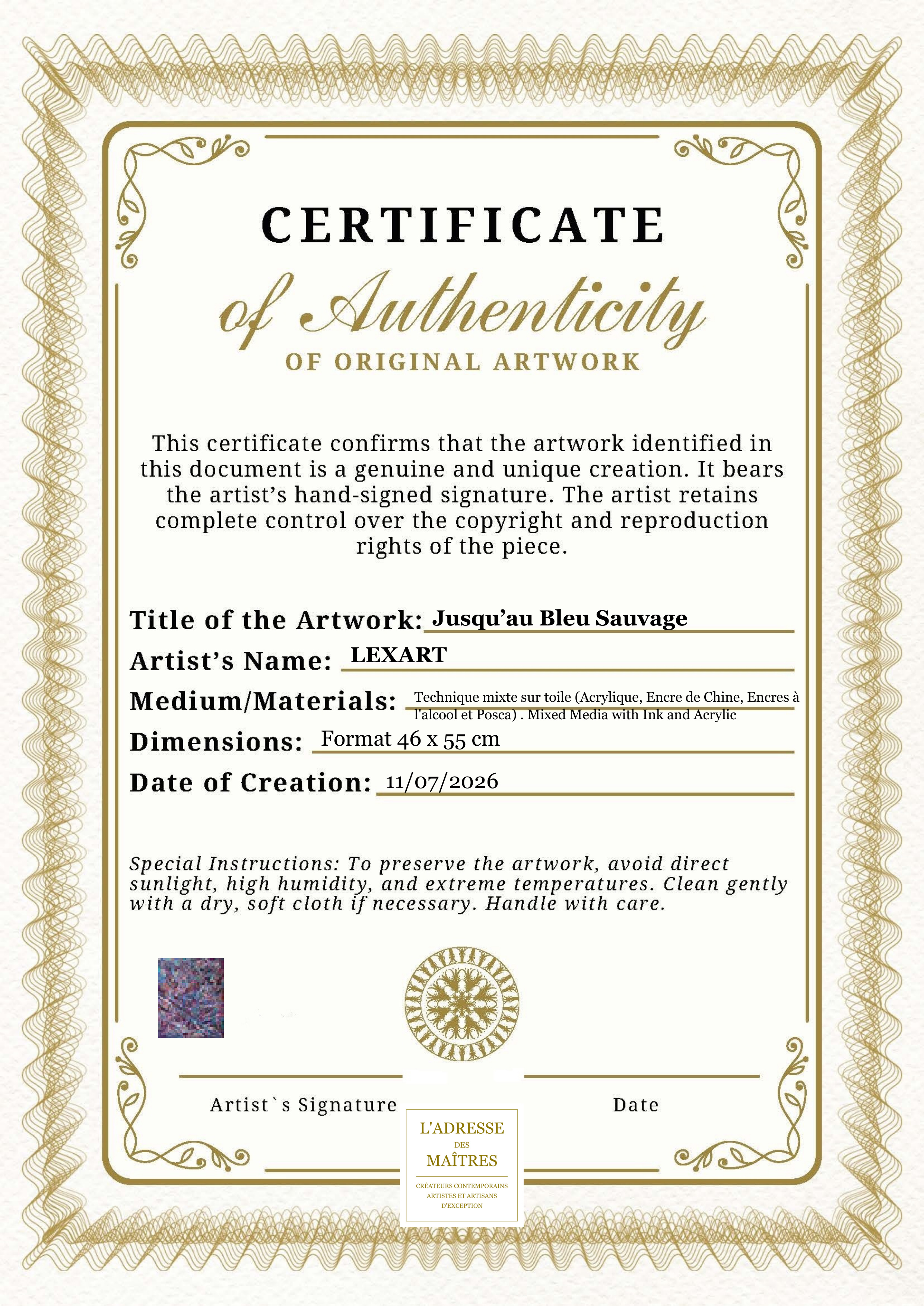 Certificat d'authenticité — Jusqu’au Bleu Sauvage — LEXART