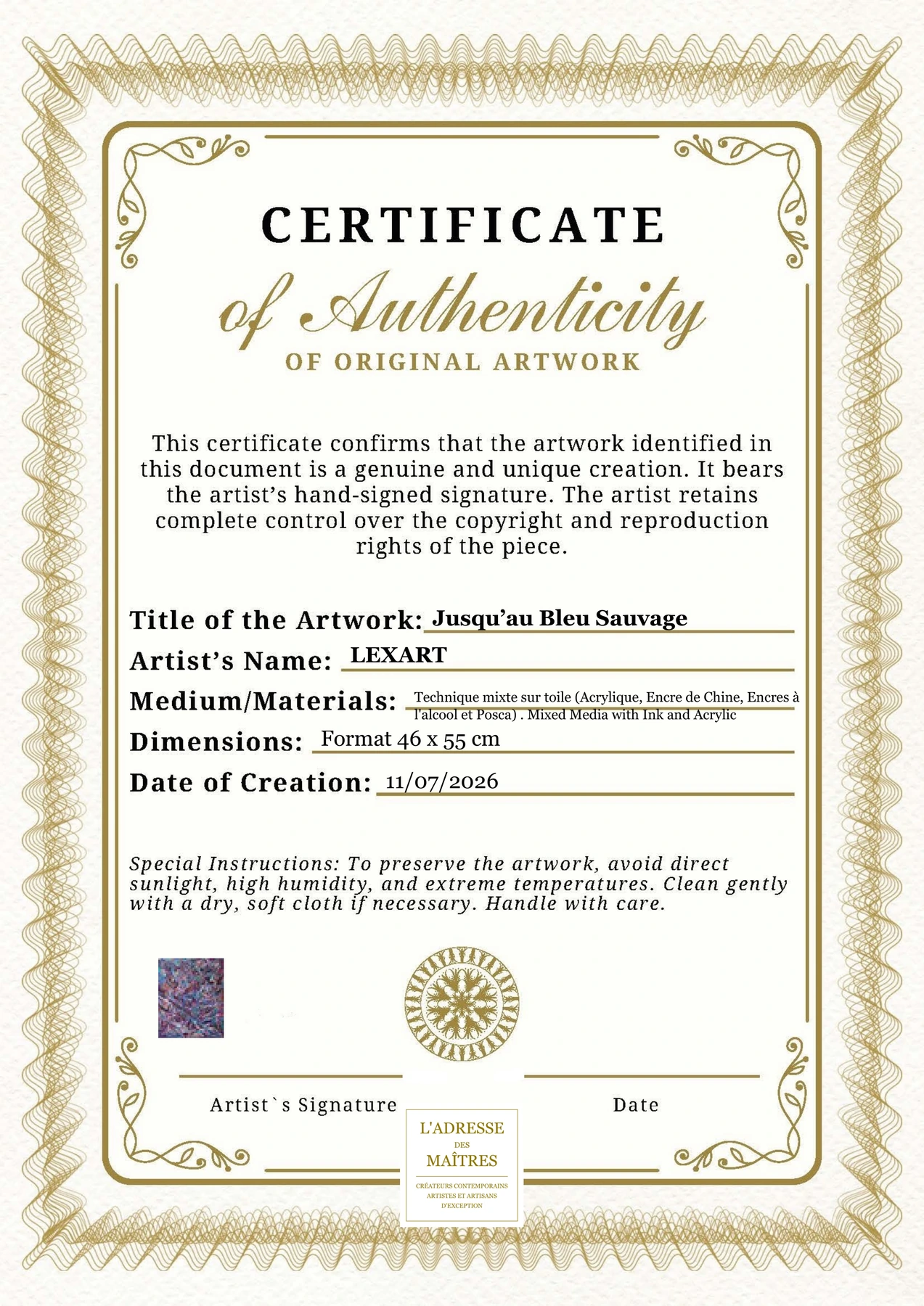 Certificat d'authenticité - Jusqu’au Bleu Sauvage - LEXART