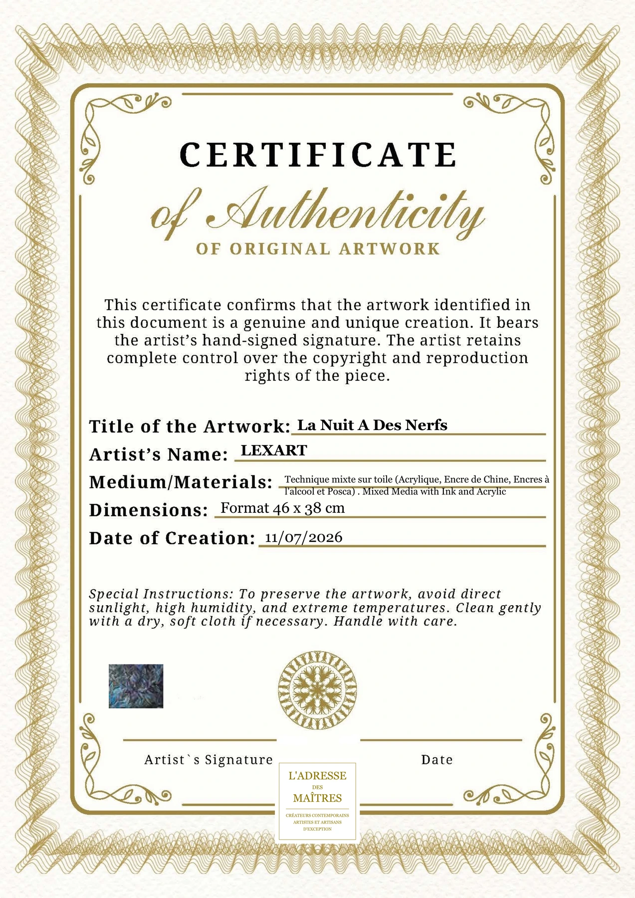Certificat d'authenticité - La Nuit A Des Nerfs - LEXART
