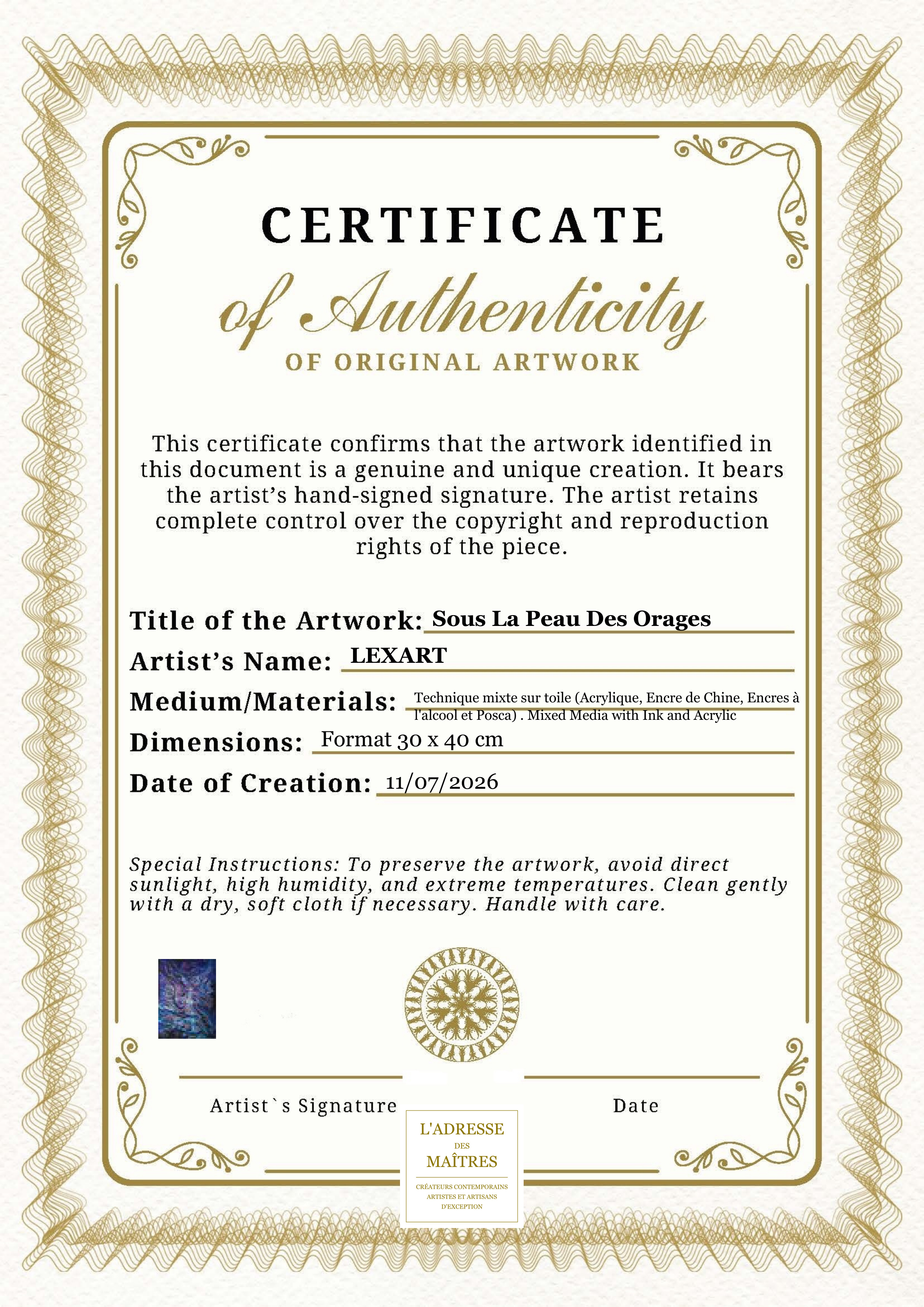 Certificat d'authenticité — Sous La Peau Des Orages — LEXART