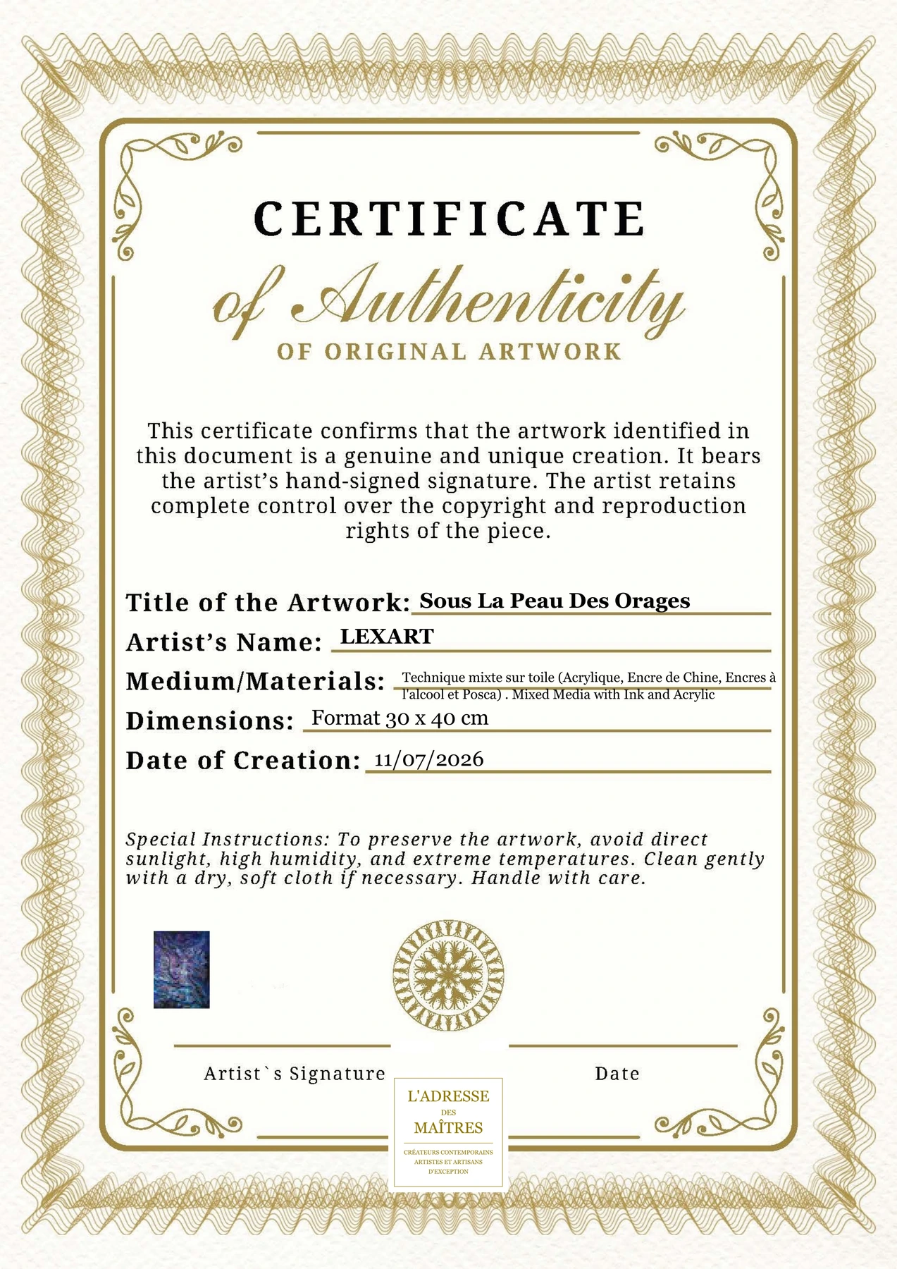 Certificat d'authenticité - Sous La Peau Des Orages - LEXART