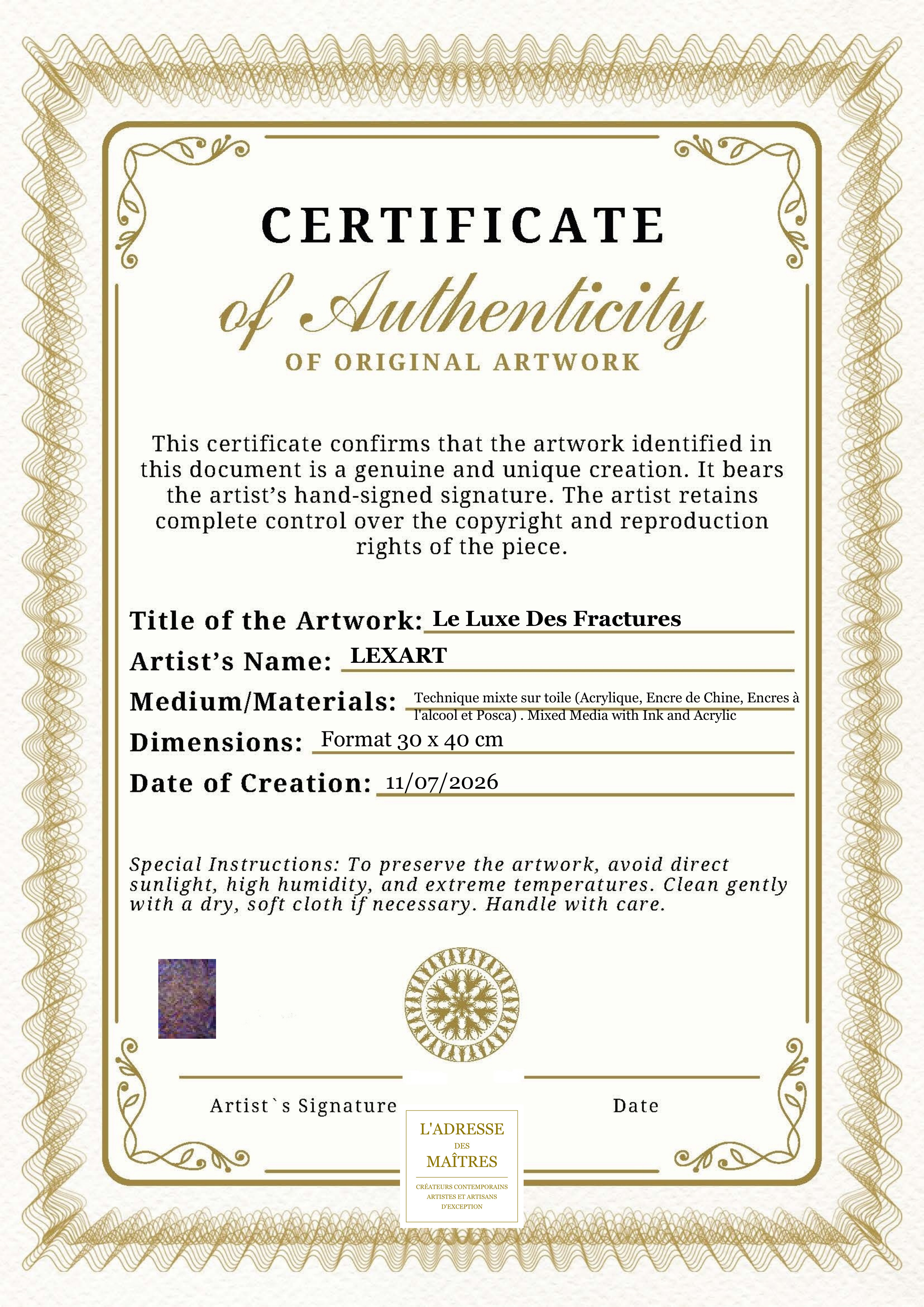 Certificat d'authenticité — Le Luxe Des Fractures — LEXART
