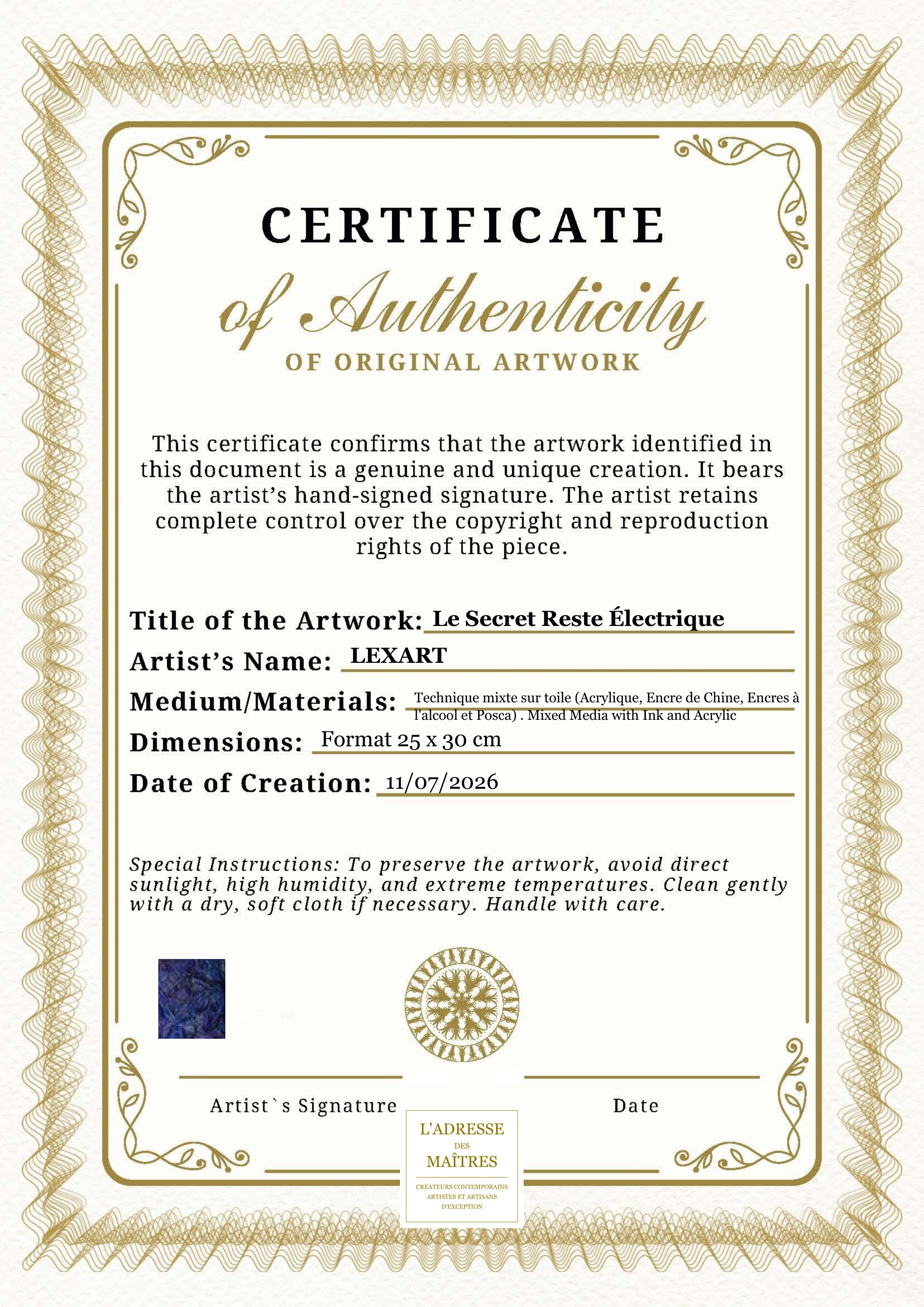 Certificat d'authenticité — Le Secret Reste Électrique — LEXART