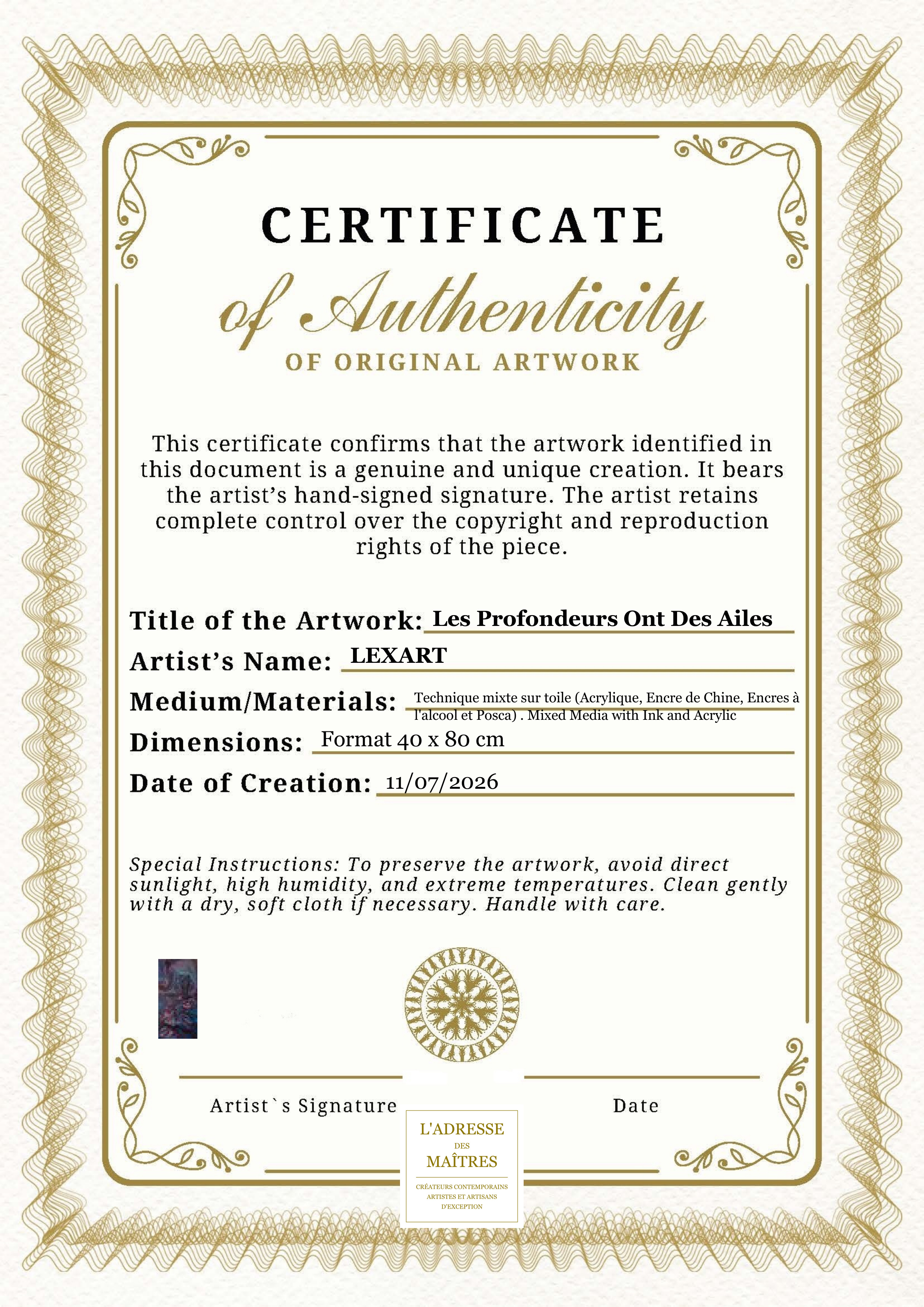 Certificat d'authenticité — Les Profondeurs Ont Des Ailes — LEXART