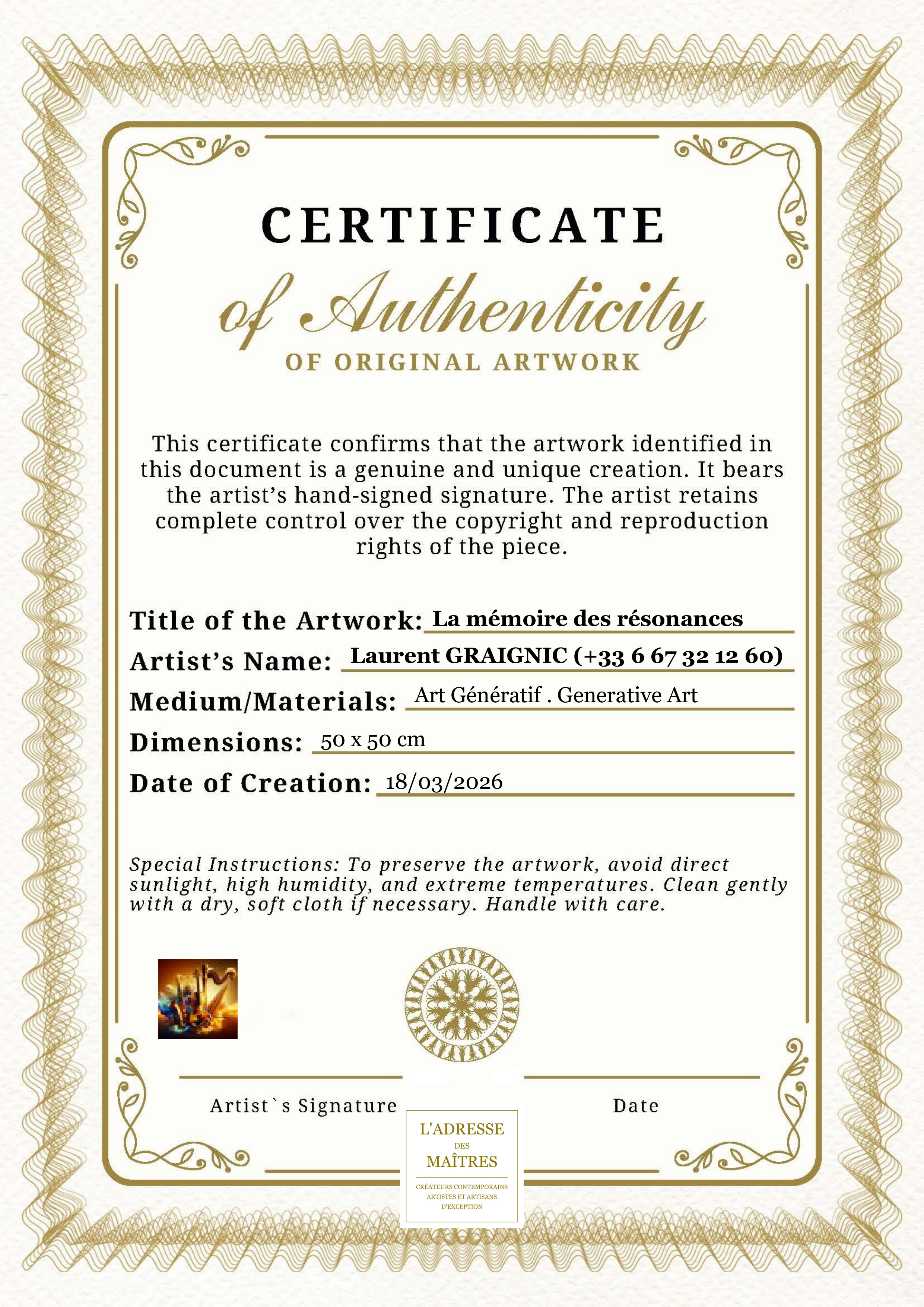 Certificat d'authenticité — La mémoire des résonances — Laurent GRAIGNIC (+33 6 67 32 12 60)