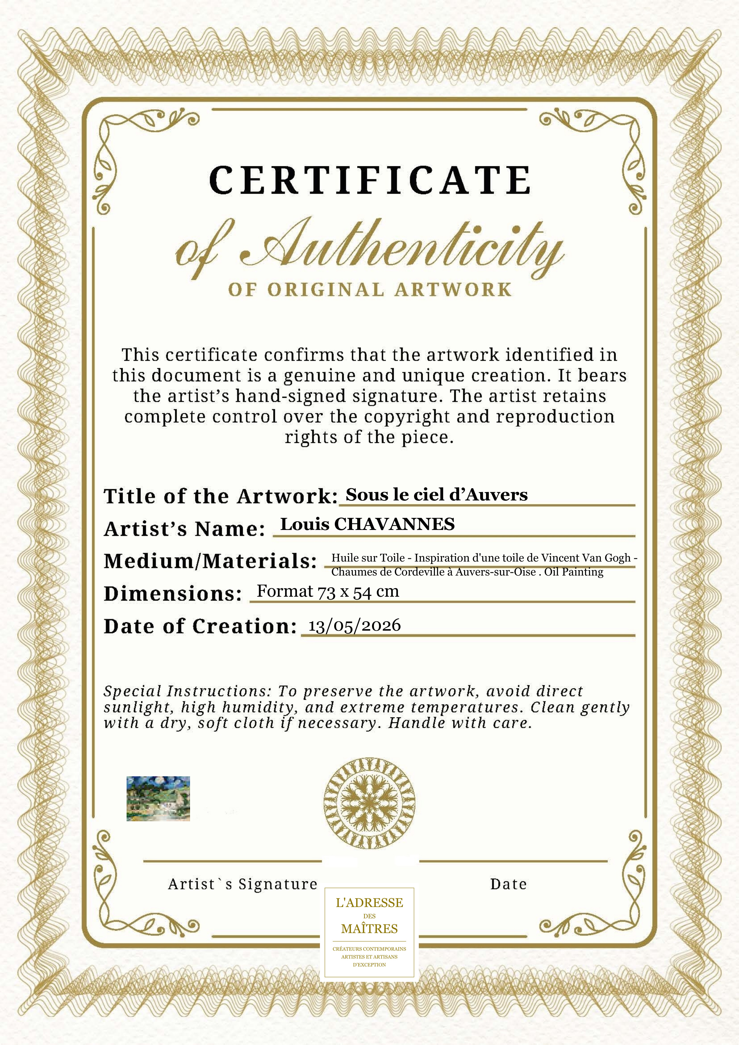 Certificat d'authenticité — Sous le ciel d’Auvers — Louis CHAVANNES