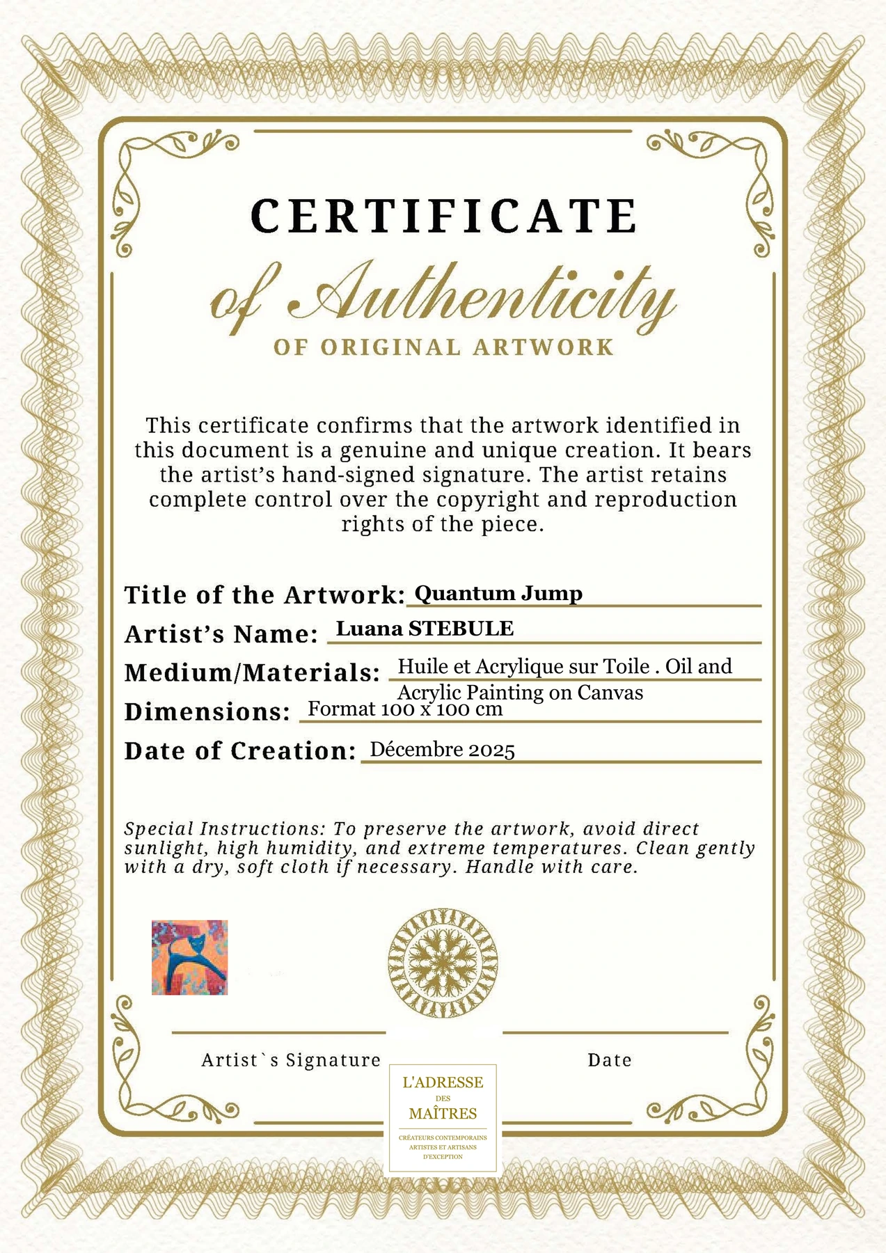 Certificat d'authenticité - Quantum Jump - Luana STEBULE
