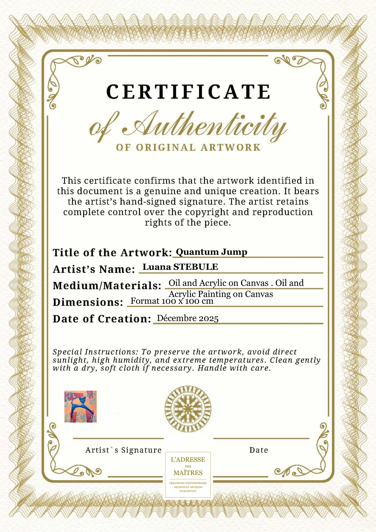 Certificat d'authenticité - Quantum Jump - Luana STEBULE