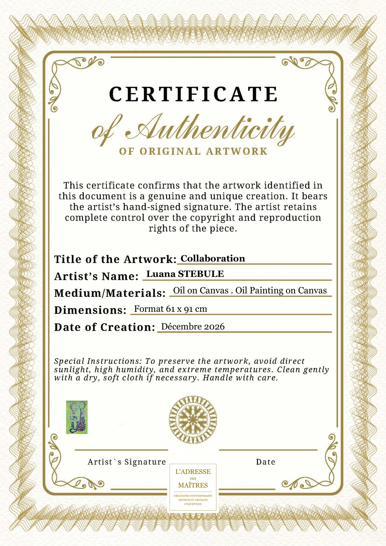 Certificat d'authenticité - Collaboration - Luana STEBULE