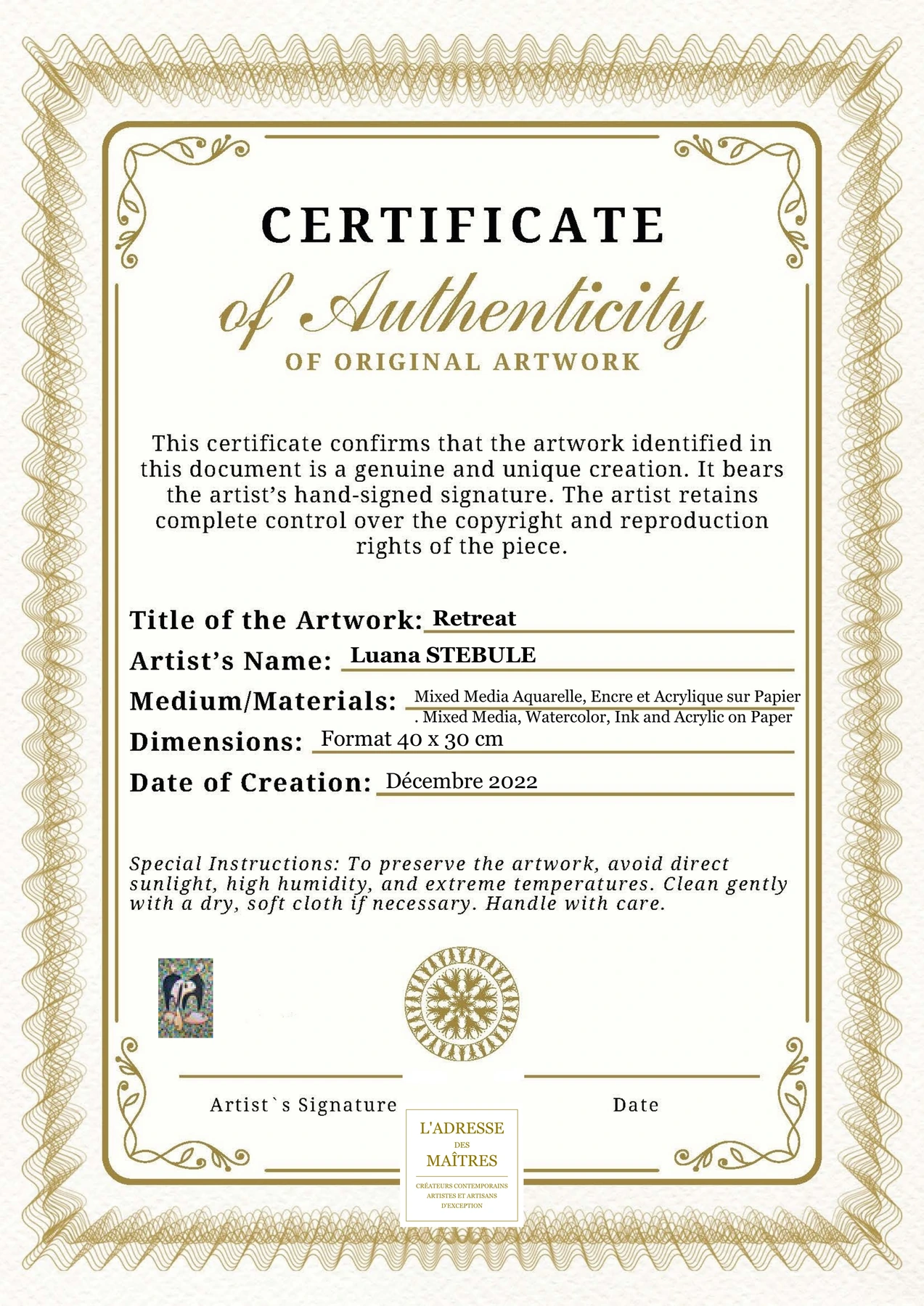Certificat d'authenticité - Retreat - Luana STEBULE