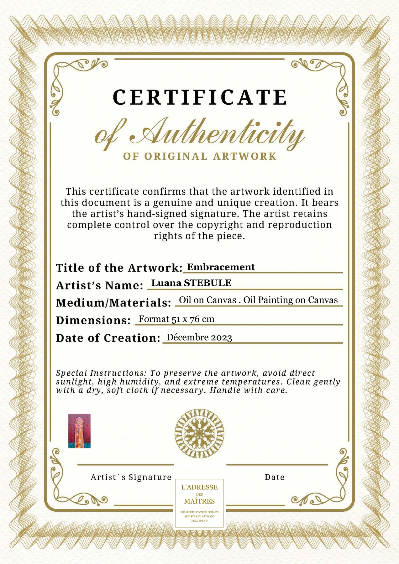 Certificat d'authenticité - Embracement - Luana STEBULE