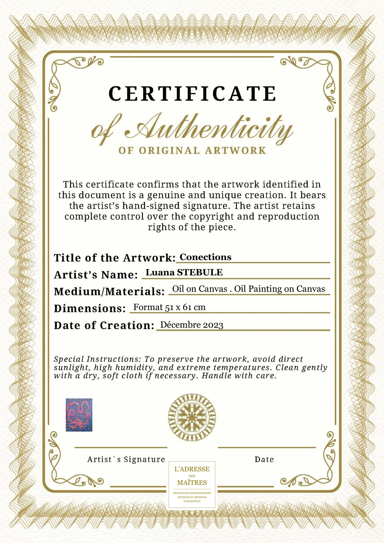 Certificat d'authenticité - Conections - Luana STEBULE