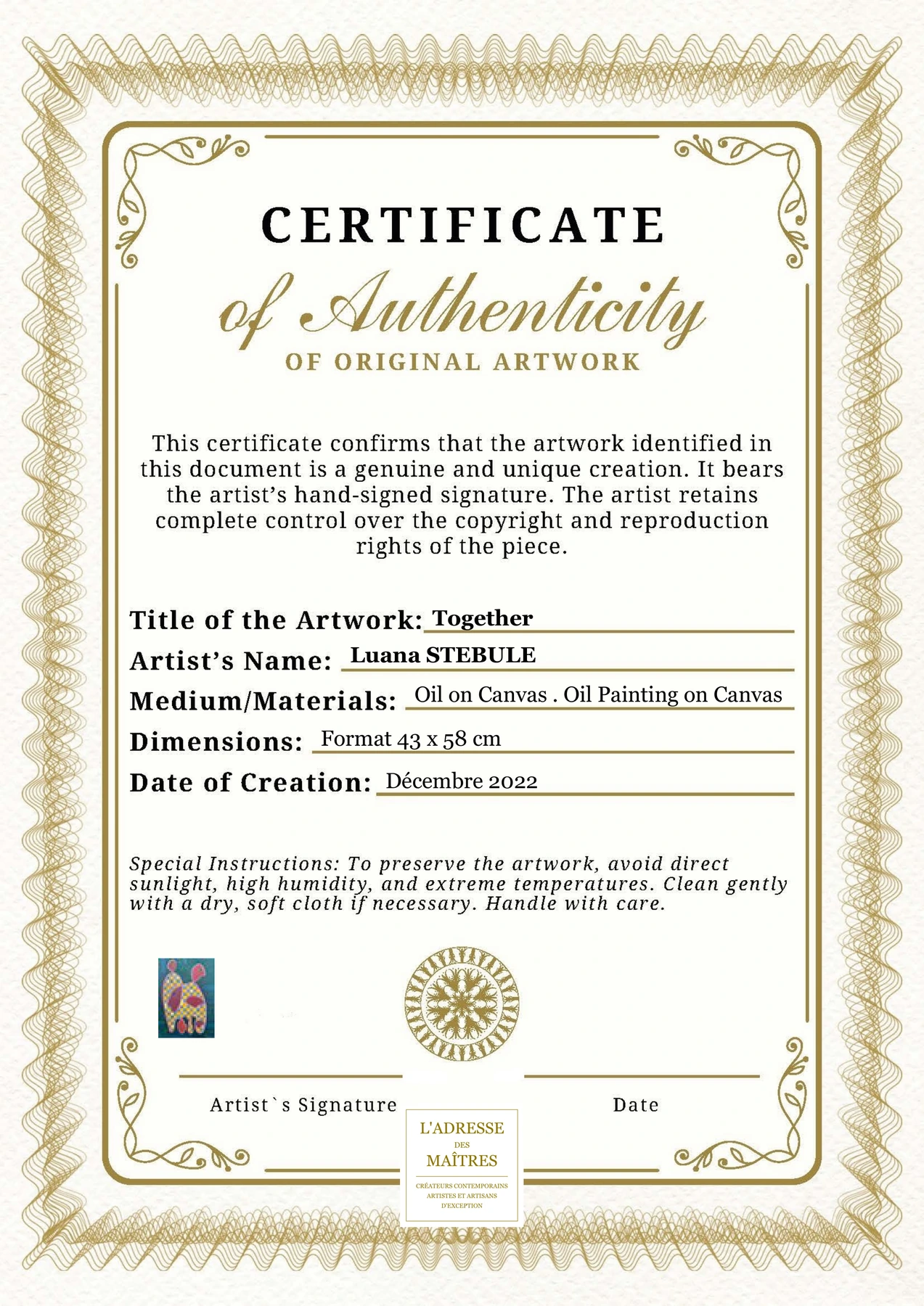 Certificat d'authenticité - Together - Luana STEBULE