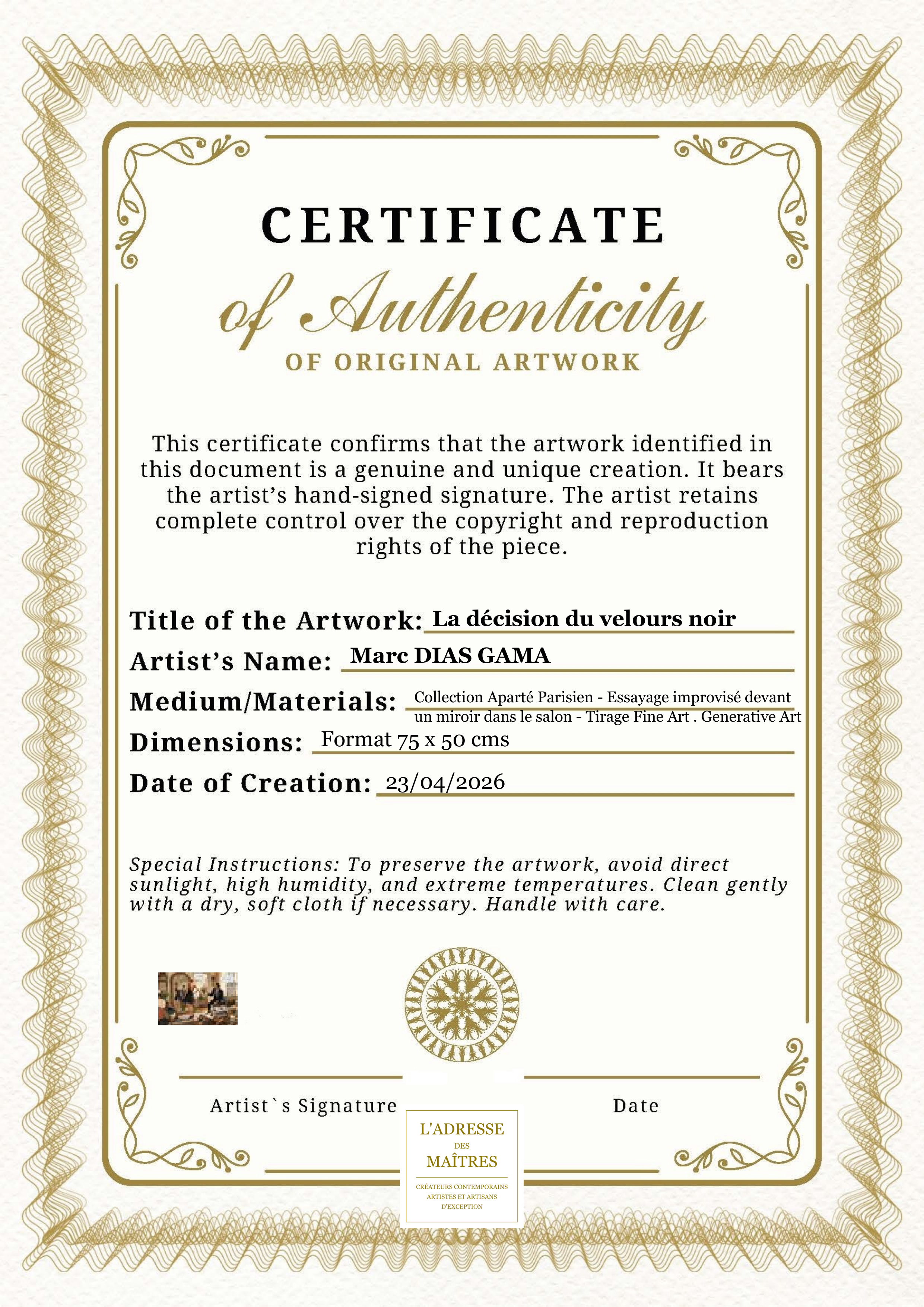 Certificat d'authenticité — La décision du velours noir — Marc DIAS GAMA
