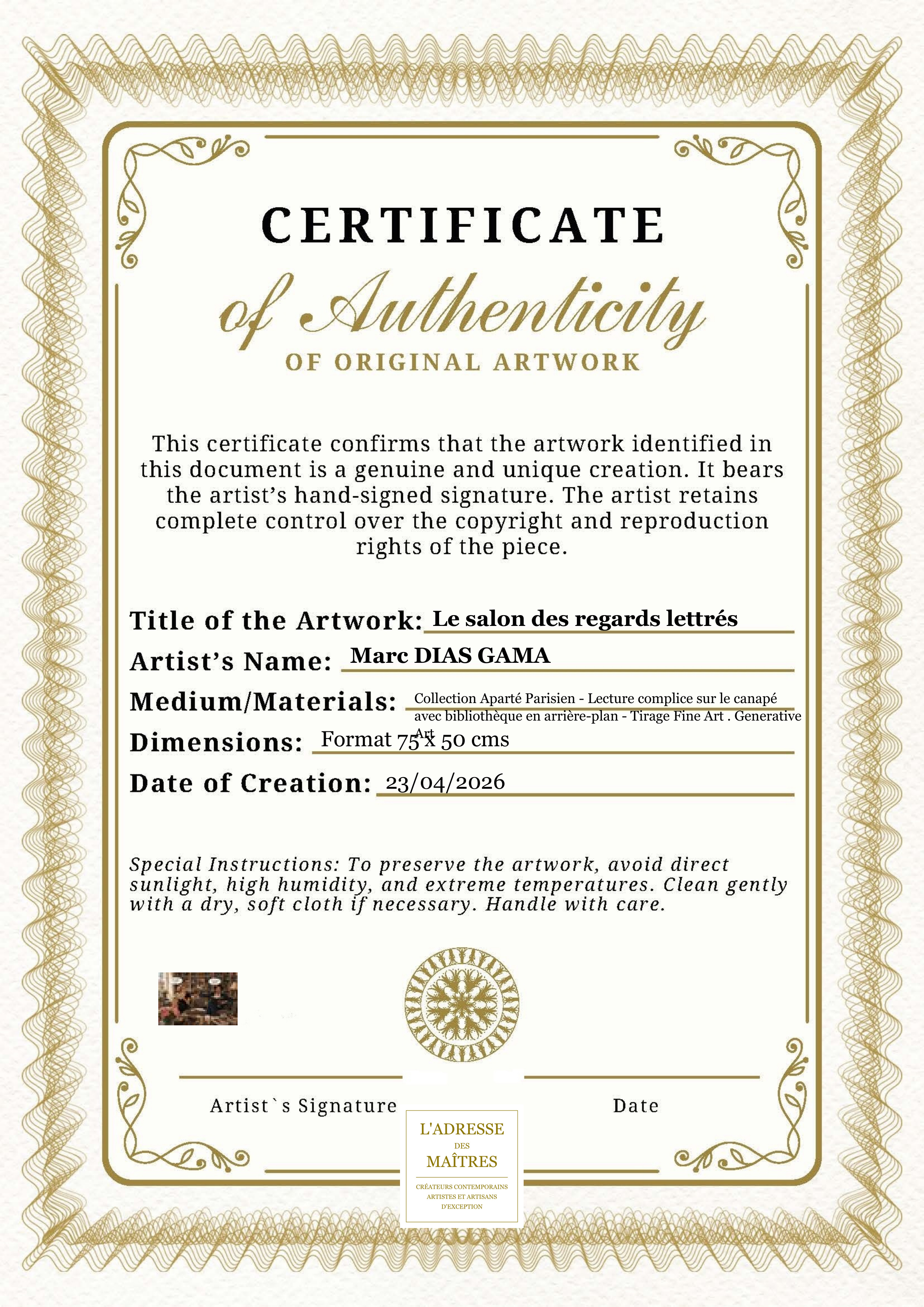 Certificat d'authenticité — Le salon des regards lettrés — Marc DIAS GAMA