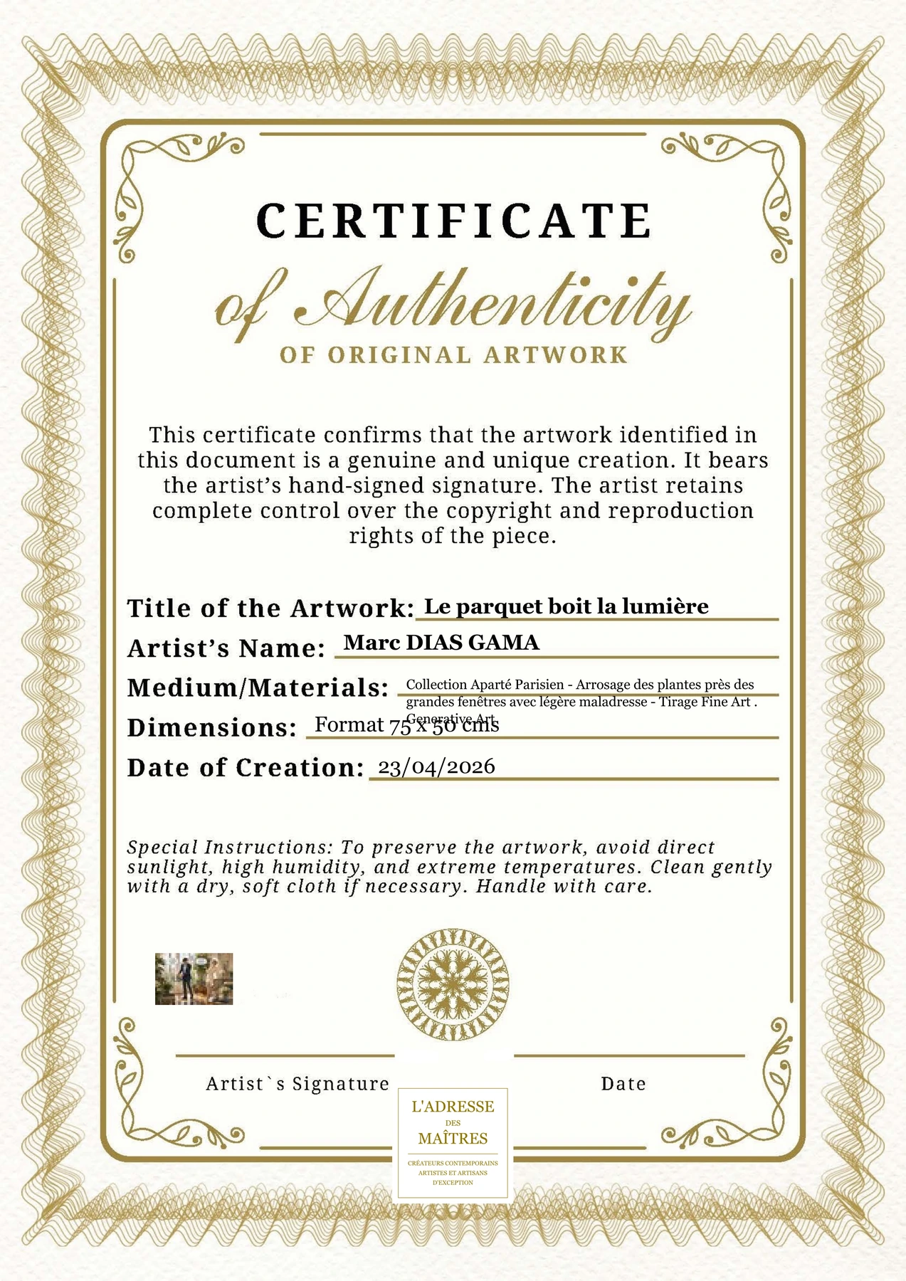 Certificat d'authenticité — Le parquet boit la lumière — Marc DIAS GAMA